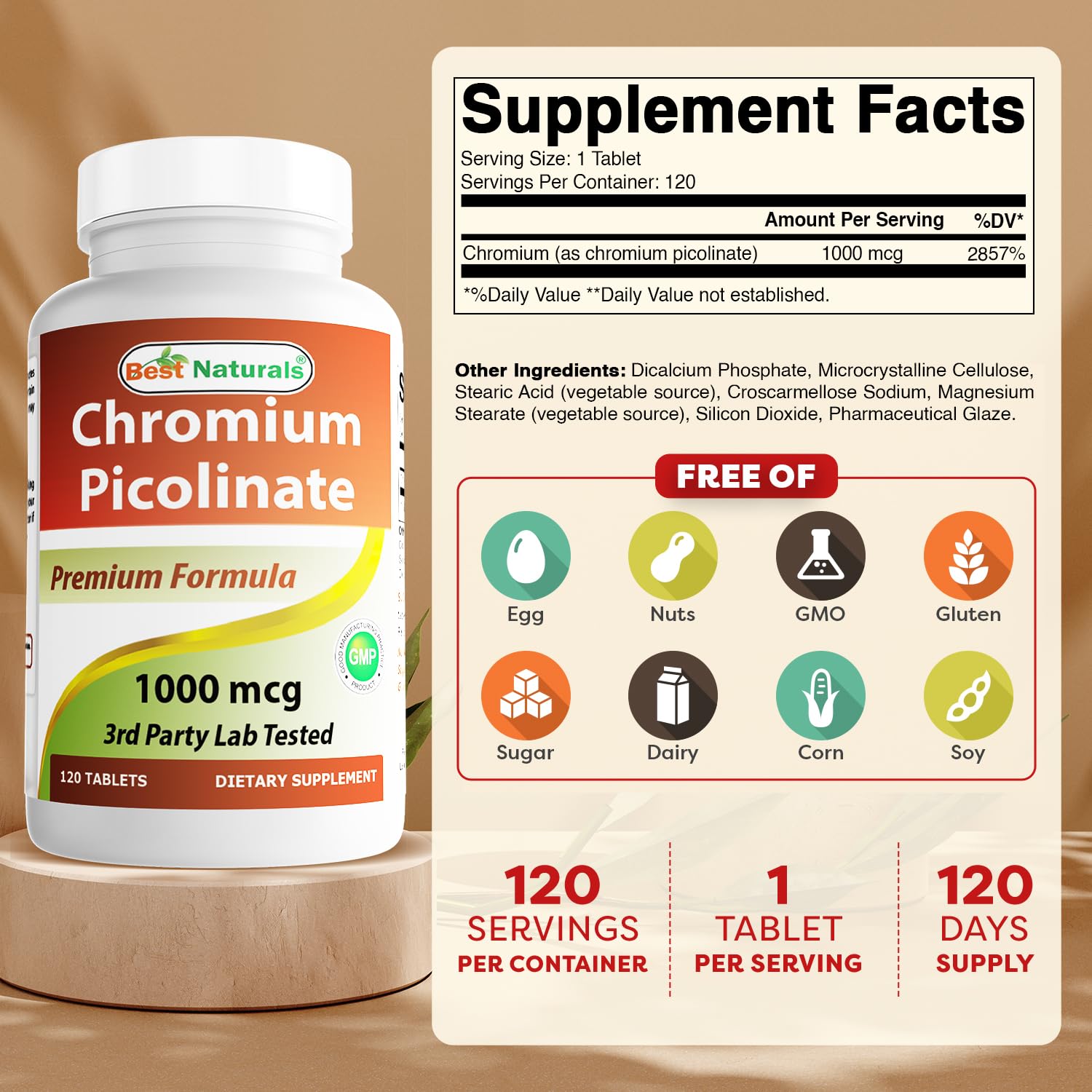 Best Naturals Chromium Picolinate – bouteille 120 tablettes, dosage pratique.