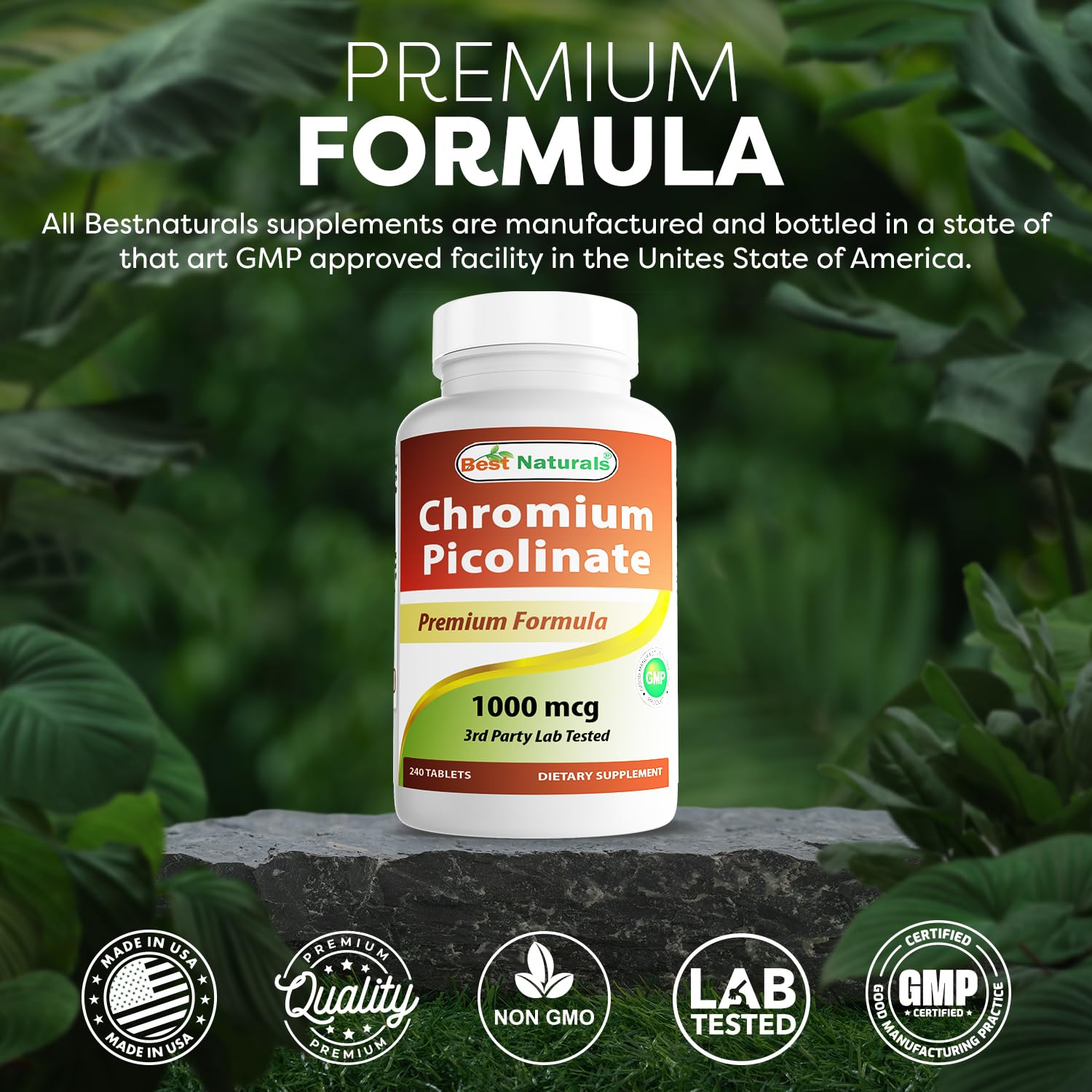 Best Naturals Chromium Picolinate bouteille affichage GMP et fabrication USA.