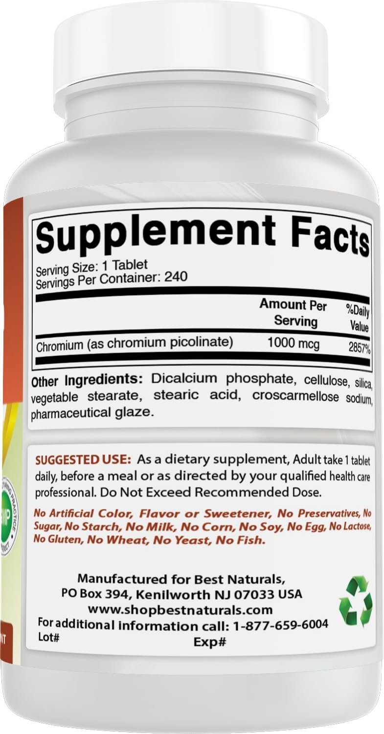 Best Naturals Chromium Picolinate ingrédients non OGM sans allergènes.