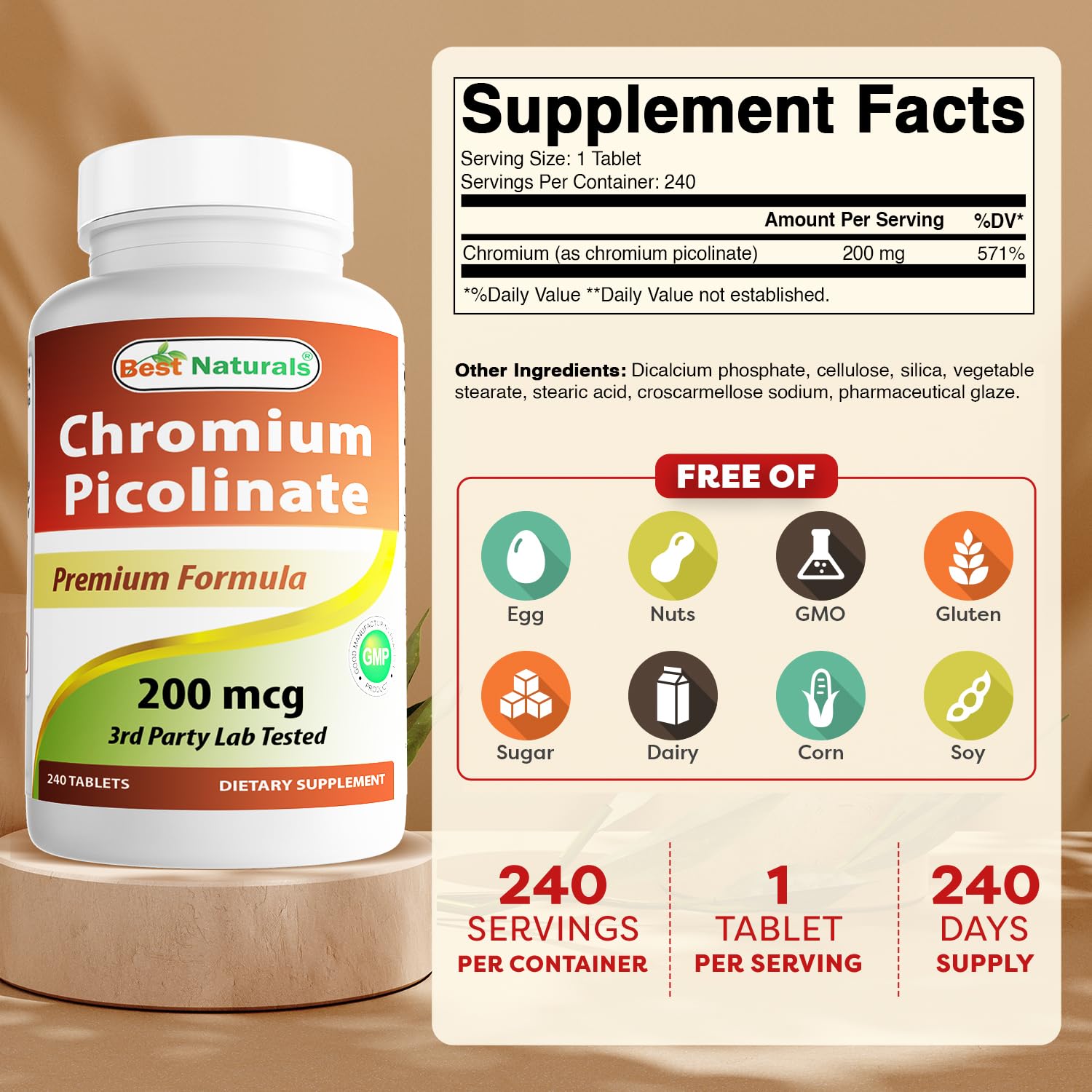 Best Naturals Chromium Picolinate: dosage de 200 µg par comprimé, utile pour le suivi