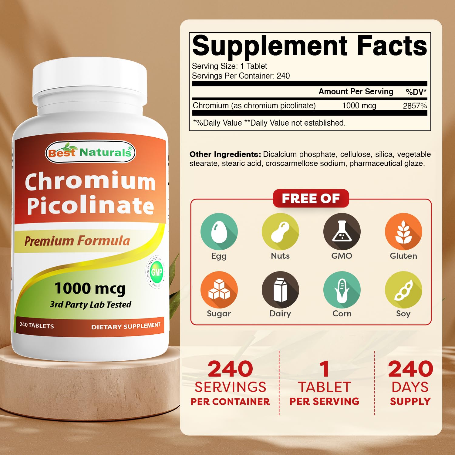 Best Naturals Chromium Picolinate tablettes vue rapprochée pour usage quotidien.