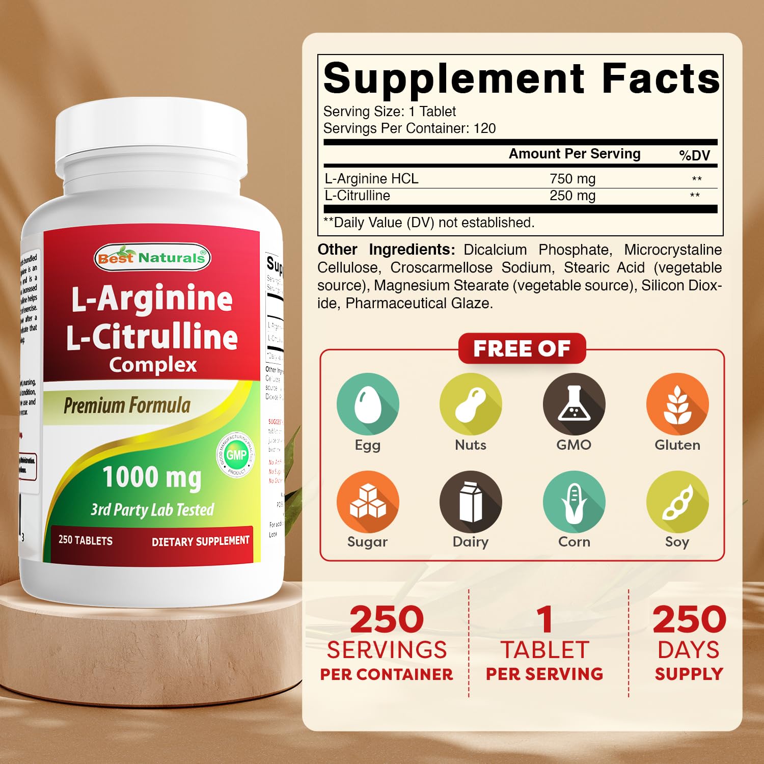 Best Naturals, comprimé arginine citrulline, gros plan sur la forme et la couleur.