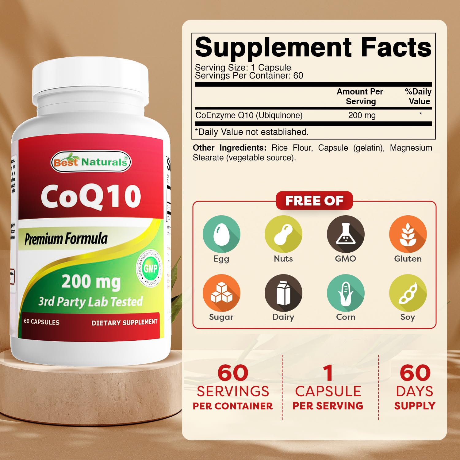 Best Naturals COQ10 200 mg – capsules dans boîte, format pratique et facile à doser