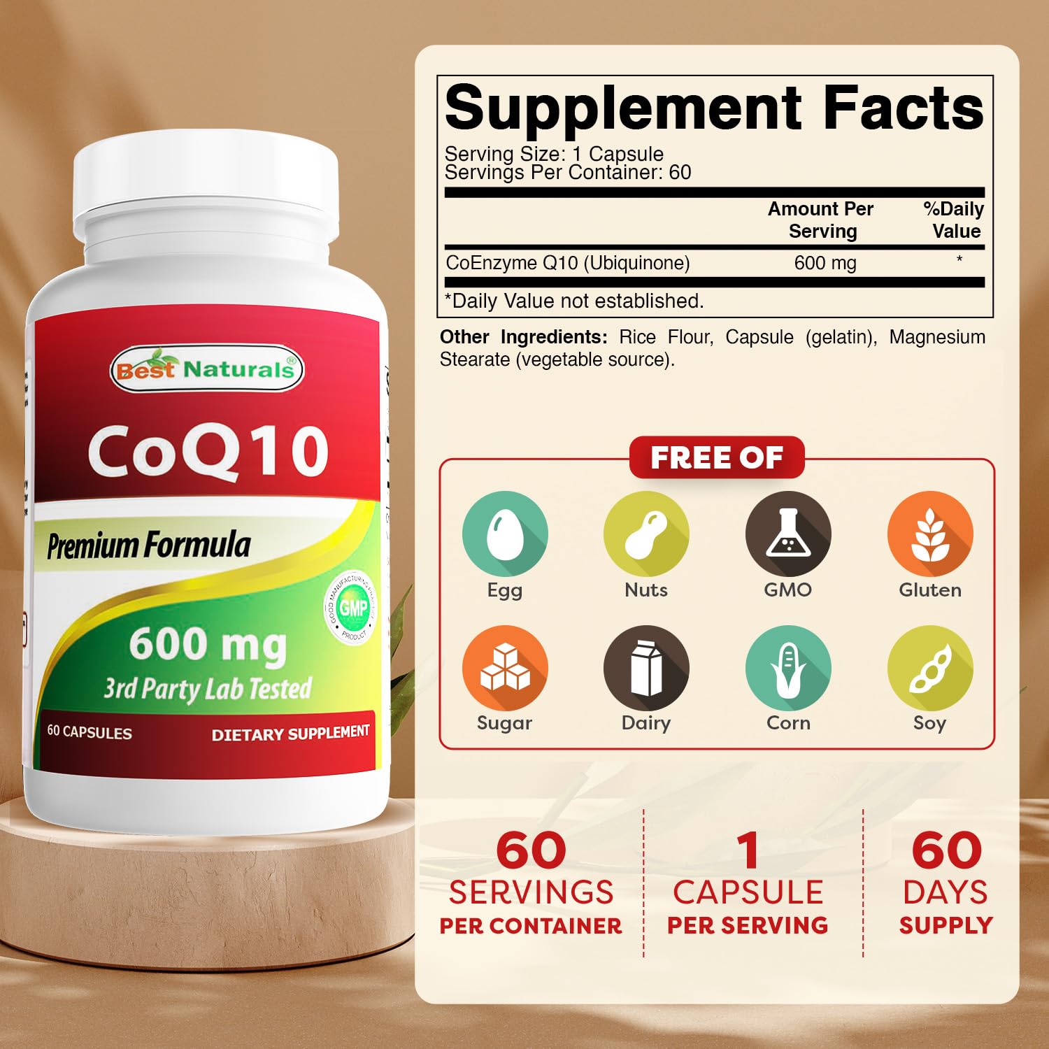 Best Naturals CoQ10 600 mg capsules-emballage-extérieur, emballage clair et informatif.