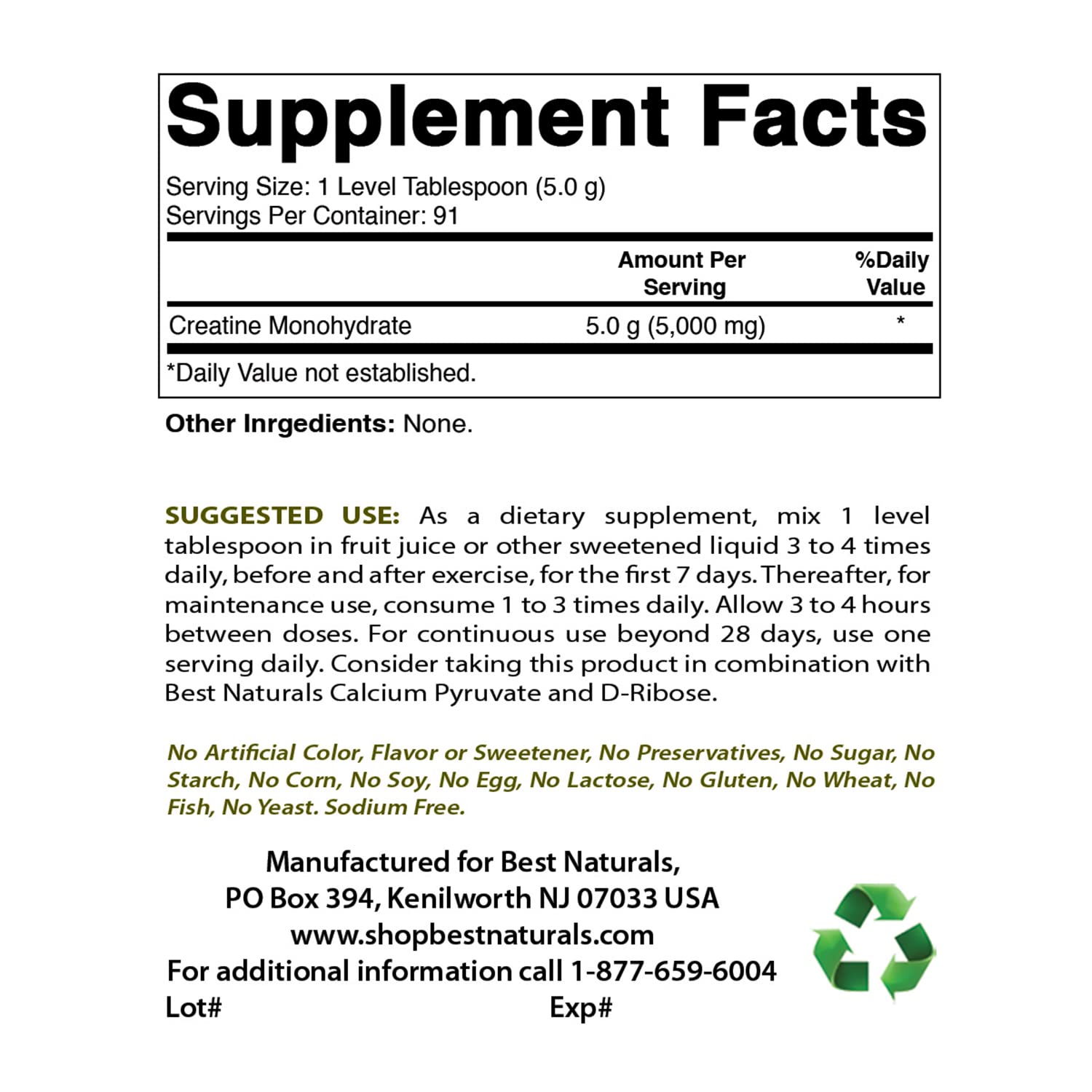 Étiquette claire de Best Naturals Créatine Monohydrate pour une traçabilité facile.