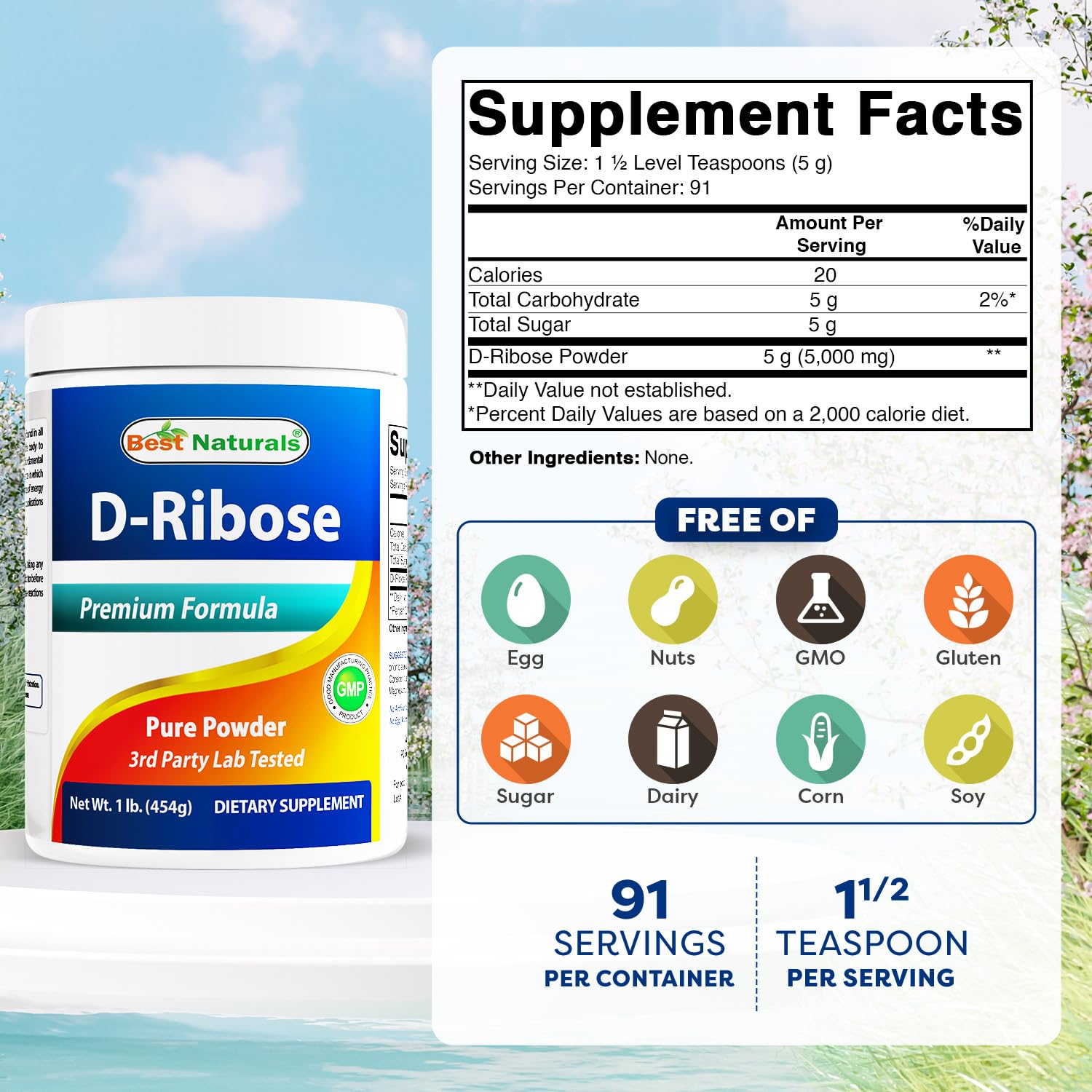 Best Naturals D-Ribose Poudre: cuillère-doseuse affichant 5 g par portion.
