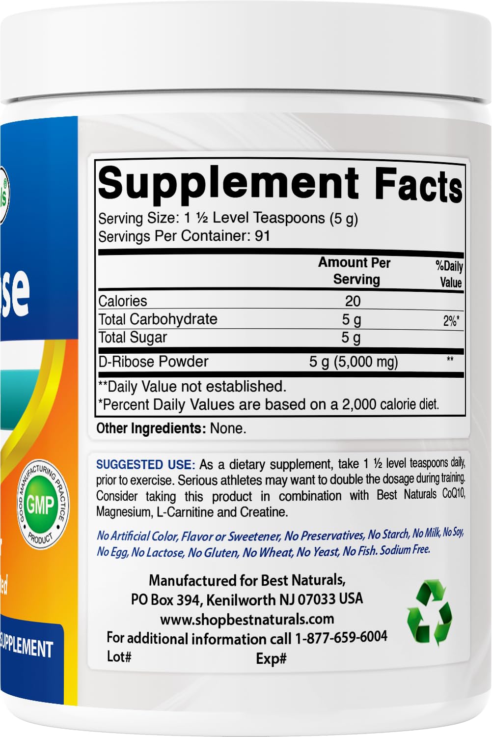 Best Naturals D-Ribose Poudre: usine certifiée garantissant qualité et conformité.