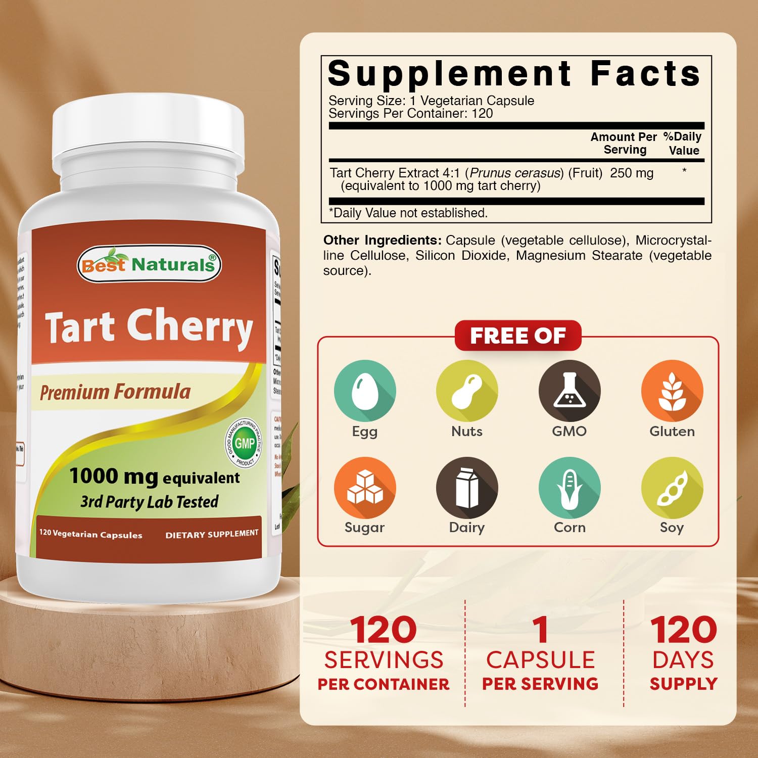 Best Naturals Extrait cerise acidulée 1000 mg – gélules végétariennes, dosage pratique.