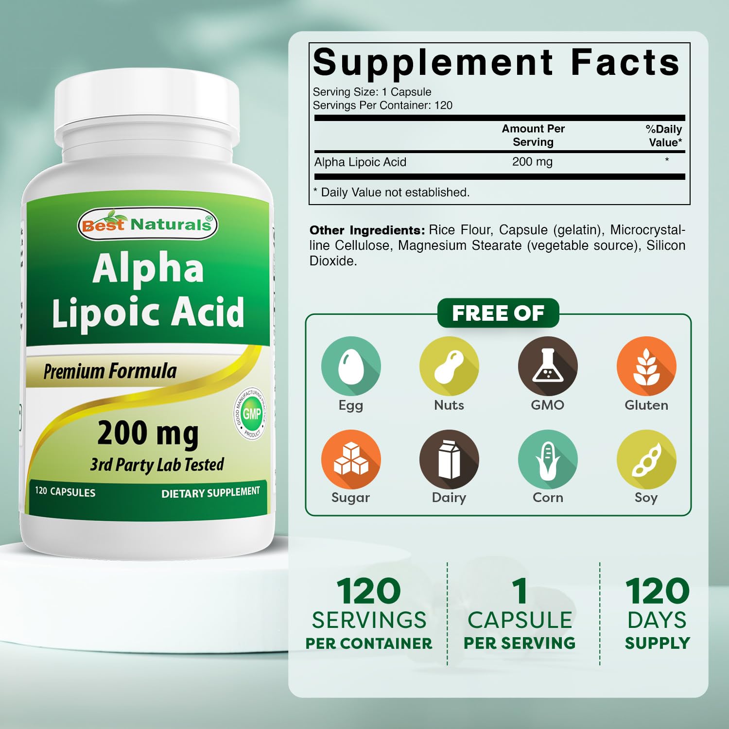 Best Naturals Acide Alpha-Lipoïque, étiquette sans colorants pour une prise neutre et simple.