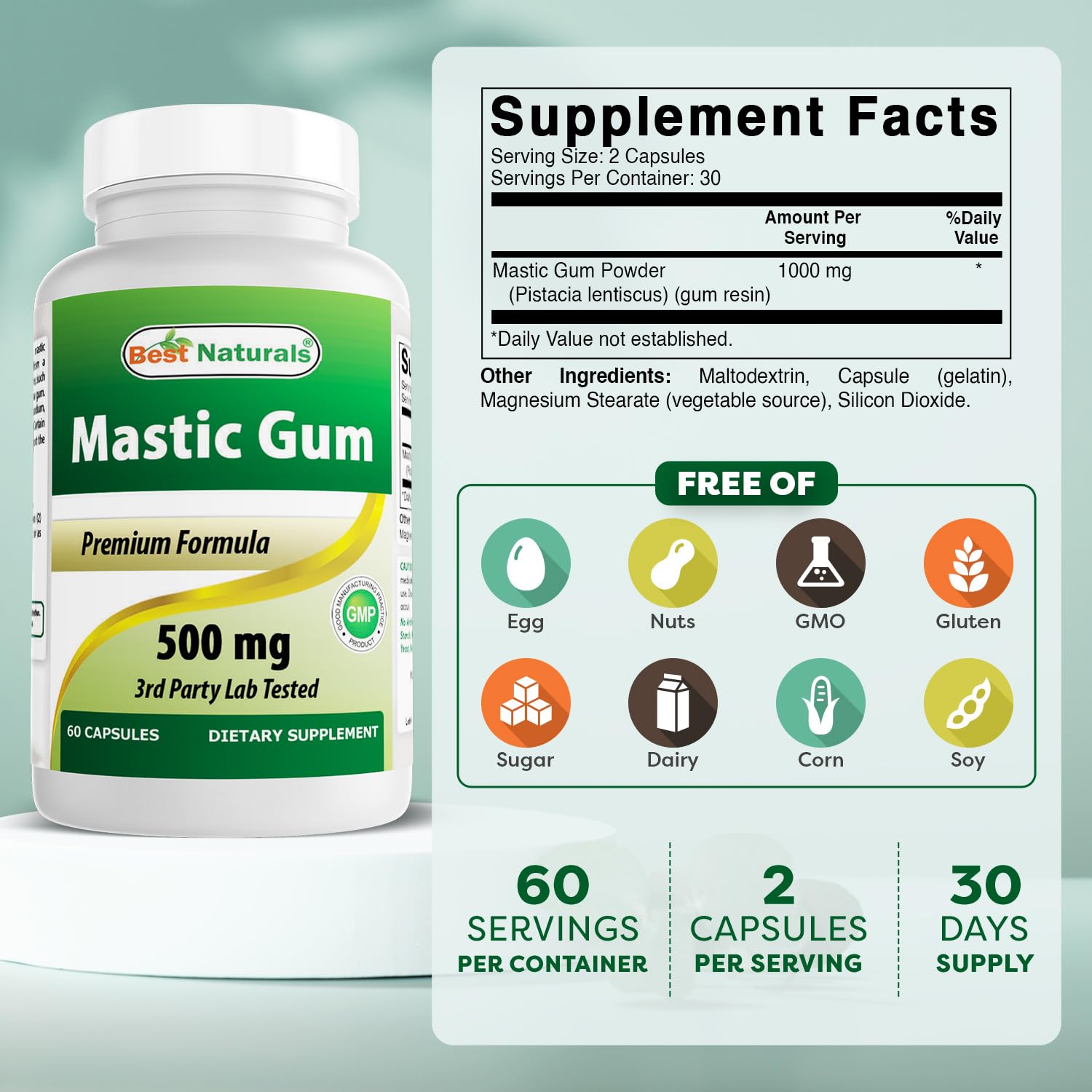 Étiquette Best Naturals Gomme Mastic 500 mg montrant les informations et l'usage