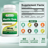Étiquette Best Naturals Gomme Mastic 500 mg montrant les informations et l'usage