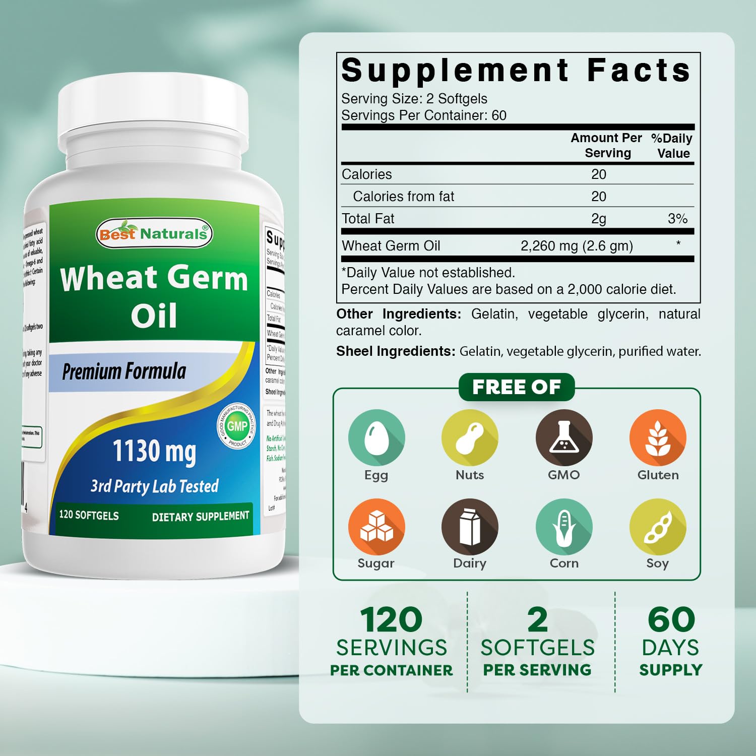 Best Naturals huile germe de blé - capsules visibles, possibilité de soutien immunitaire et nerveux.