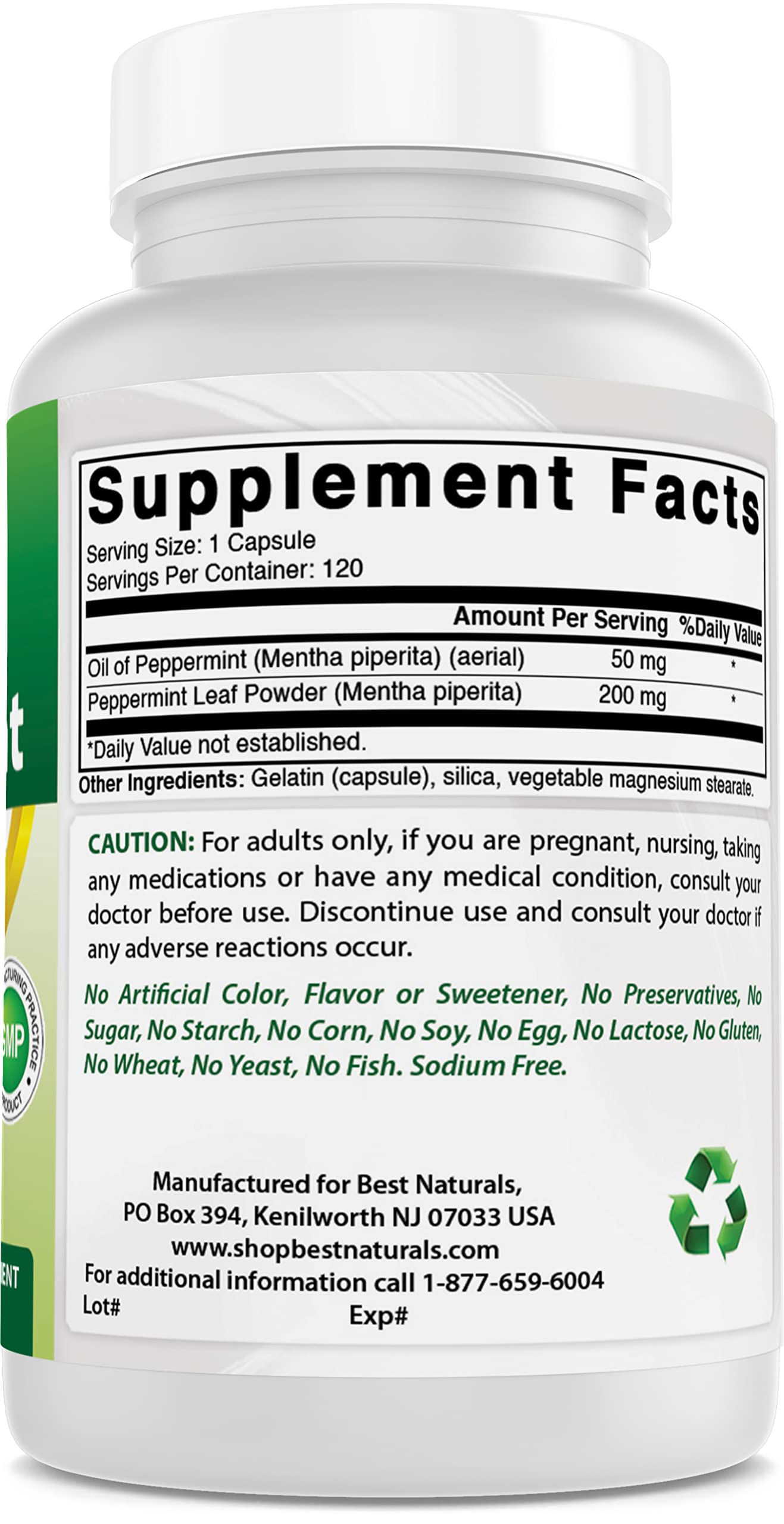 Best Naturals huile menthe poivrée - dose, 250 mg par capsule.