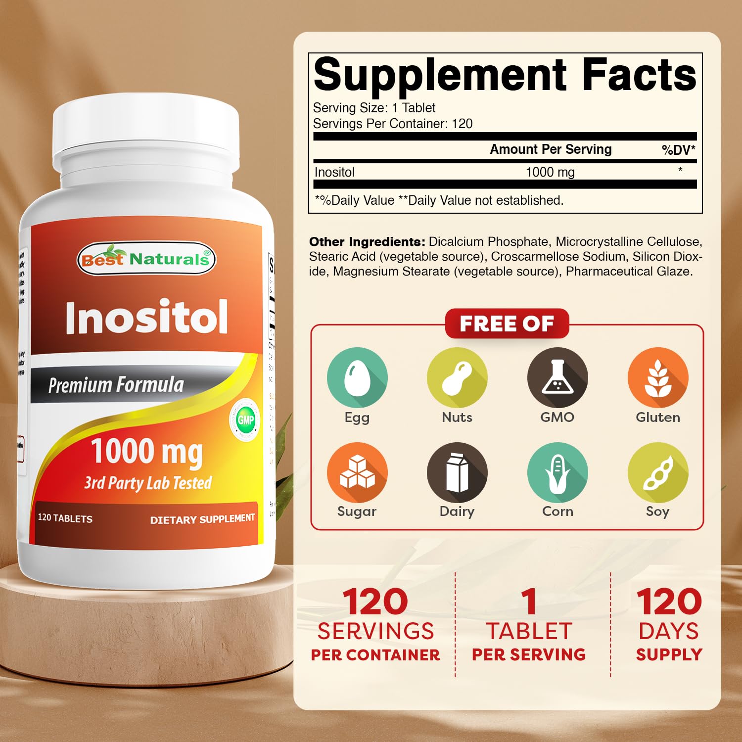 Best Naturals Inositol flacon 120 tablettes, format pratique à emporter.