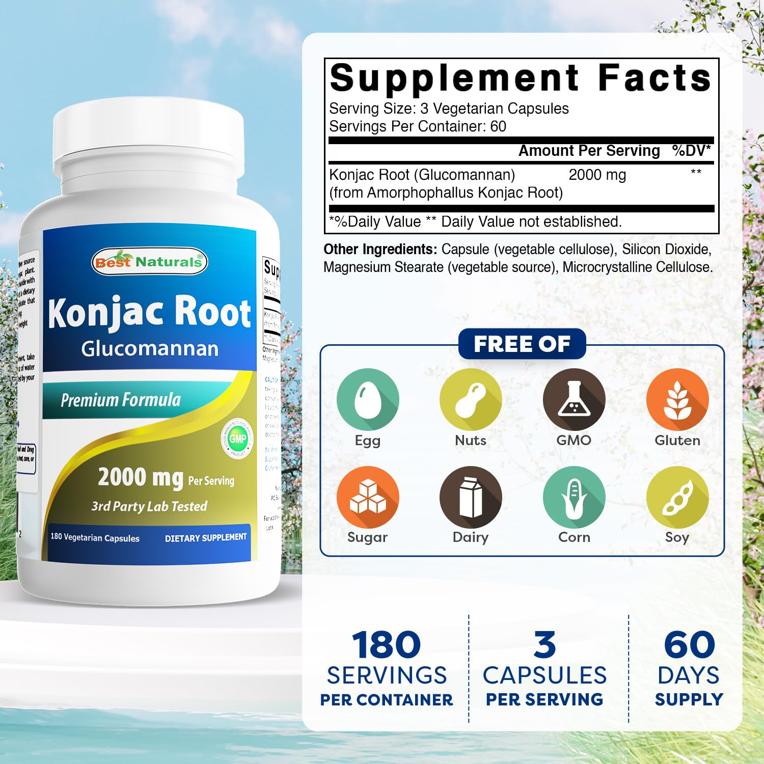 Best Naturals Konjac Glucomannan – capsules végétariennes 180, prendre avec l'eau.