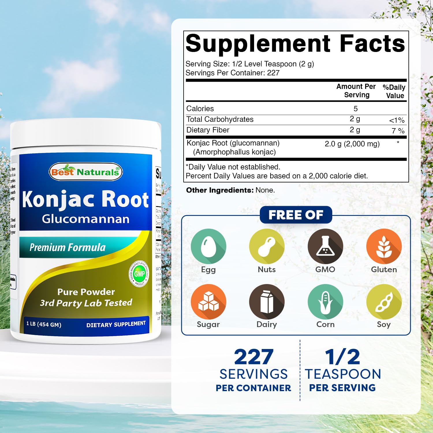 Best Naturals Konjac glucomannane — bouteille, dosage pratique pour les portions