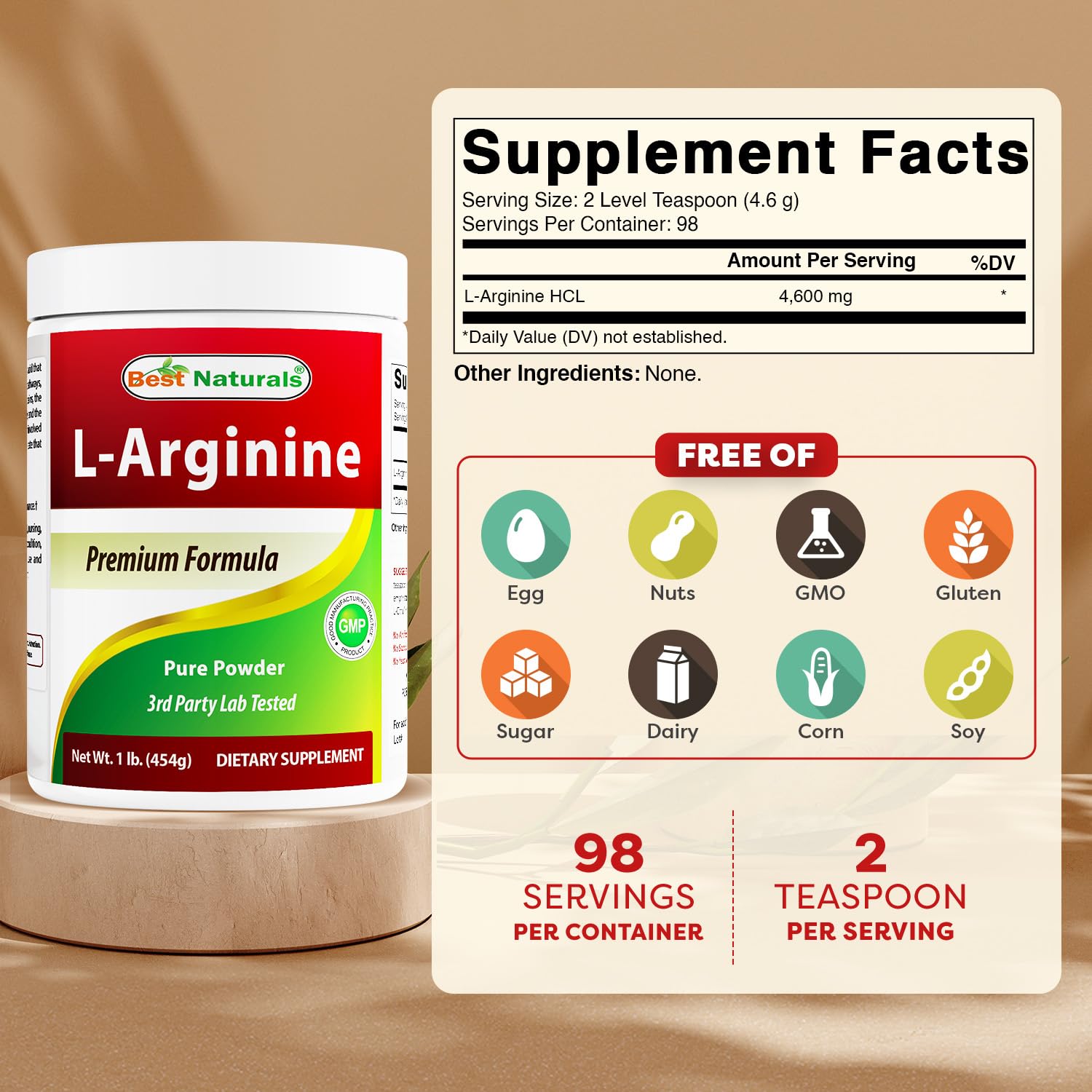 Best Naturals L-Arginine Poudre, dose-cuillère pour un dosage clair.