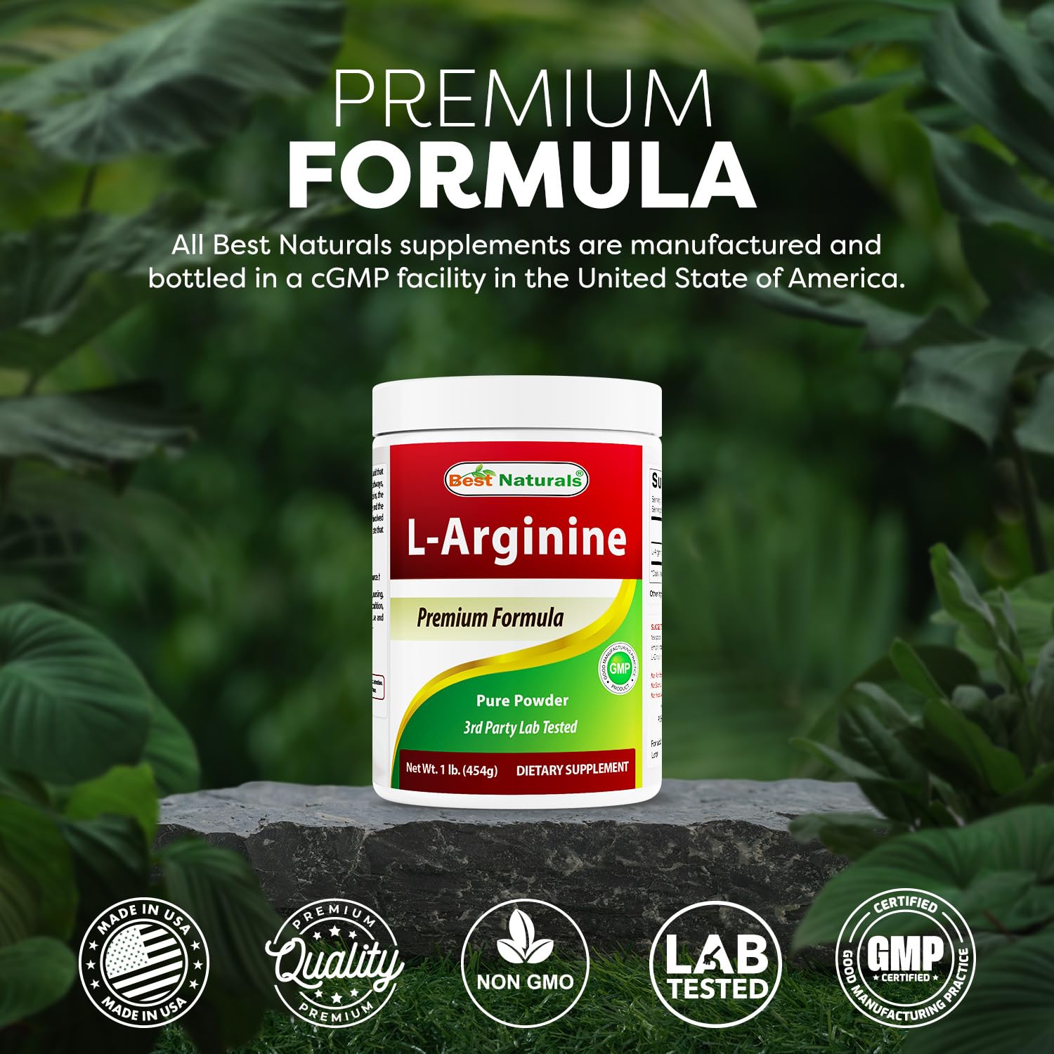 Best Naturals L-Arginine Poudre, sans allergènes et sans additifs.