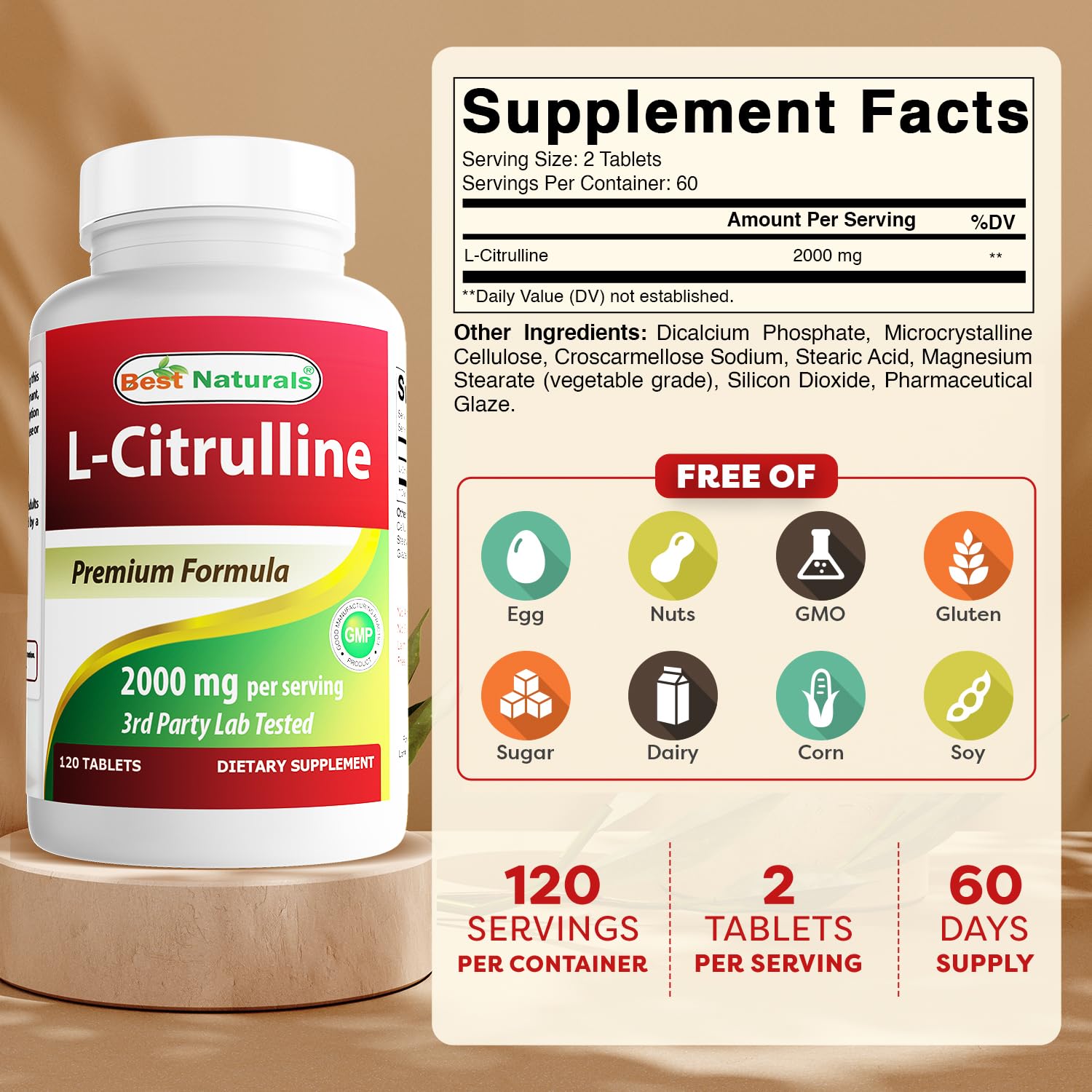 Étiquette Best Naturals L-Citrulline indiquant pureté et sans OGM.