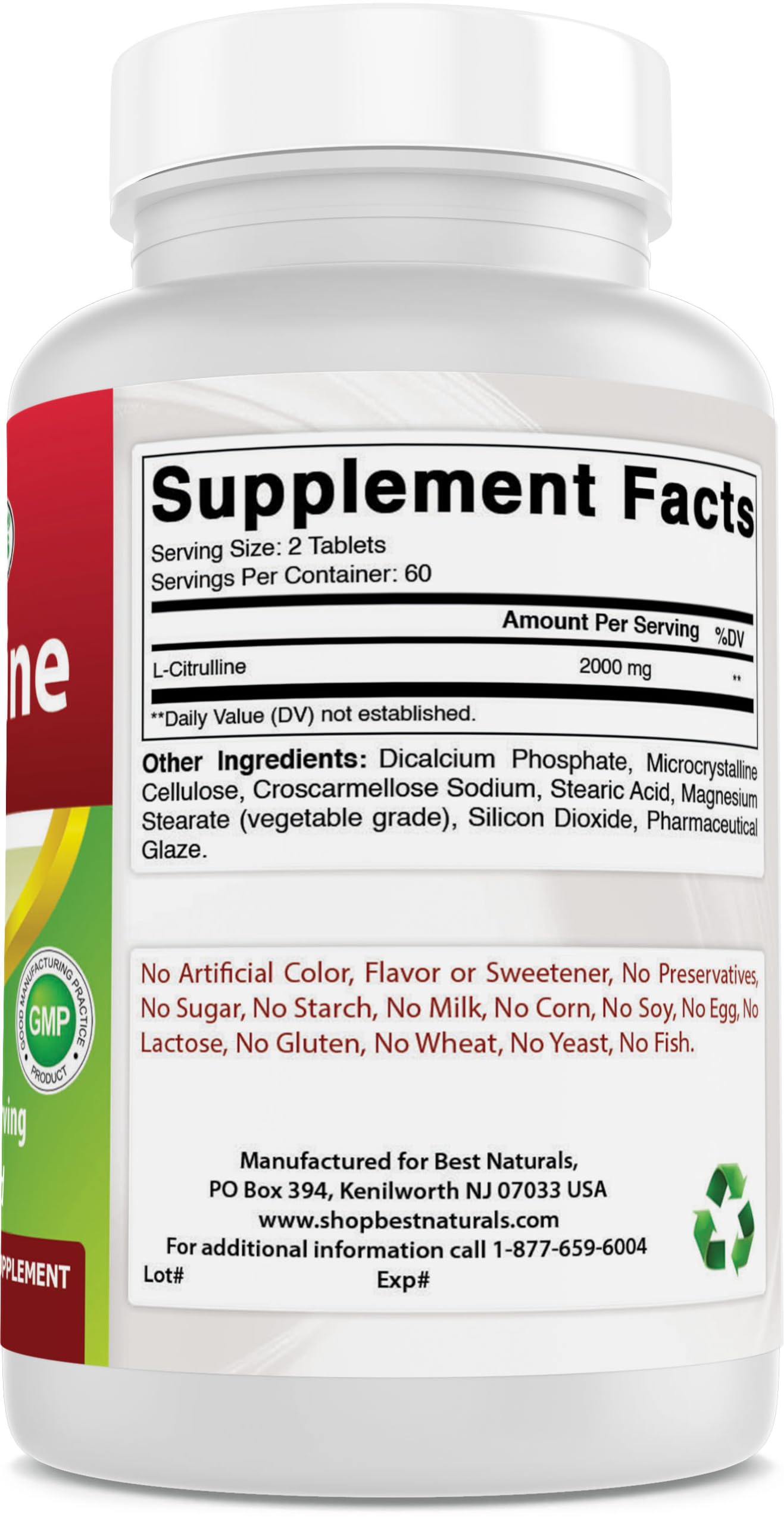 Liste sans allergènes sur l’emballage Best Naturals L-Citrulline.