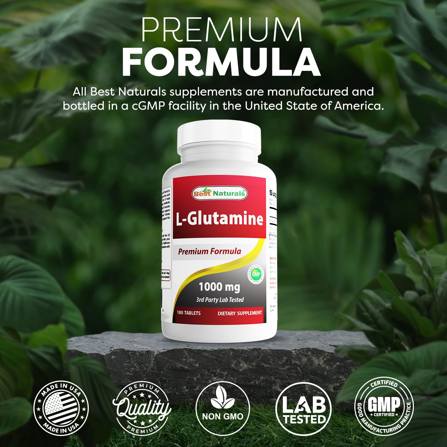 Best Naturals L-Glutamine 1000 mg – flacon sur comptoir, sans colorants artificiels