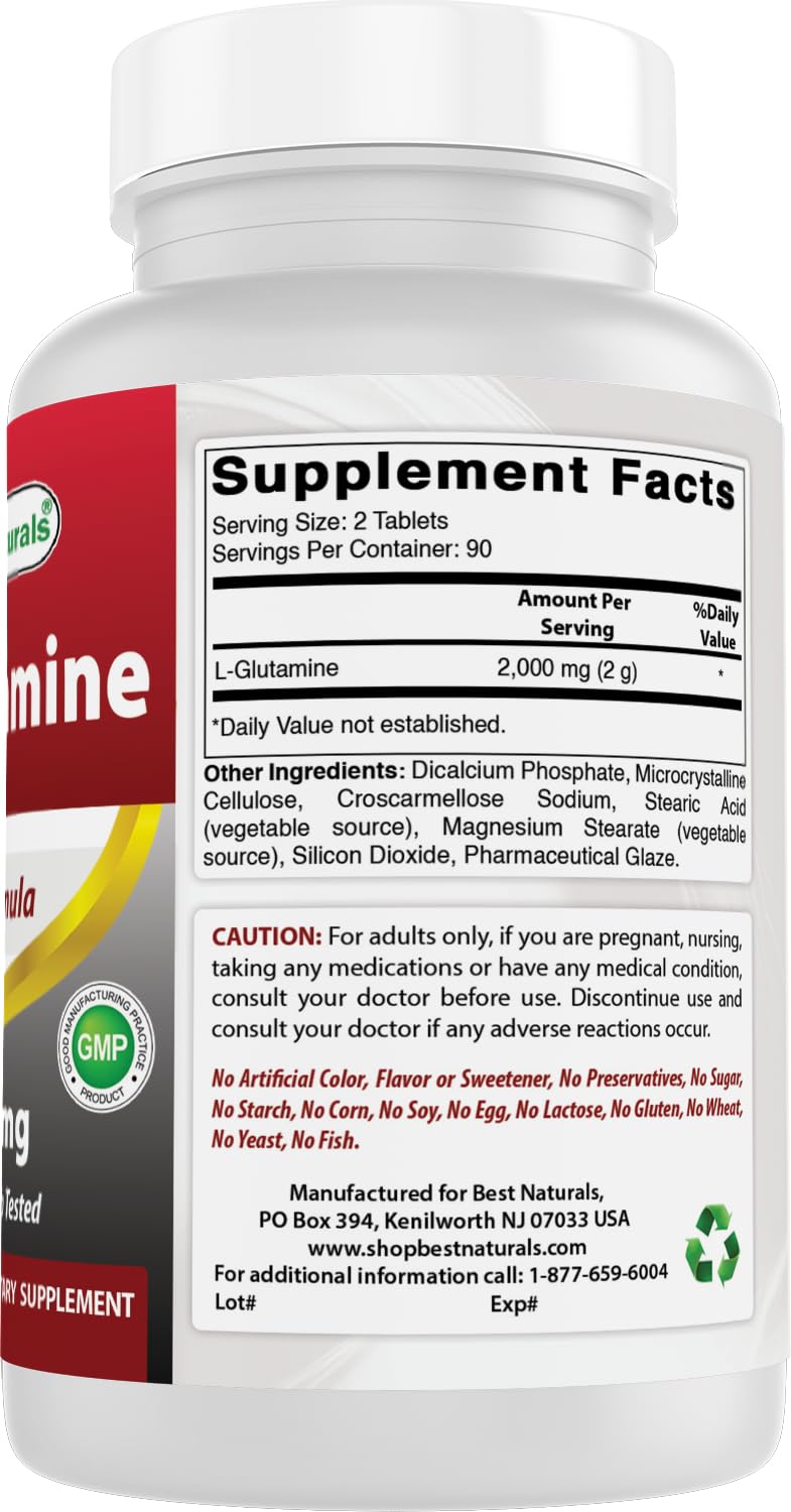 Best Naturals L-Glutamine 1000 mg – ingrédients listés, sans gluten et sans allergènes