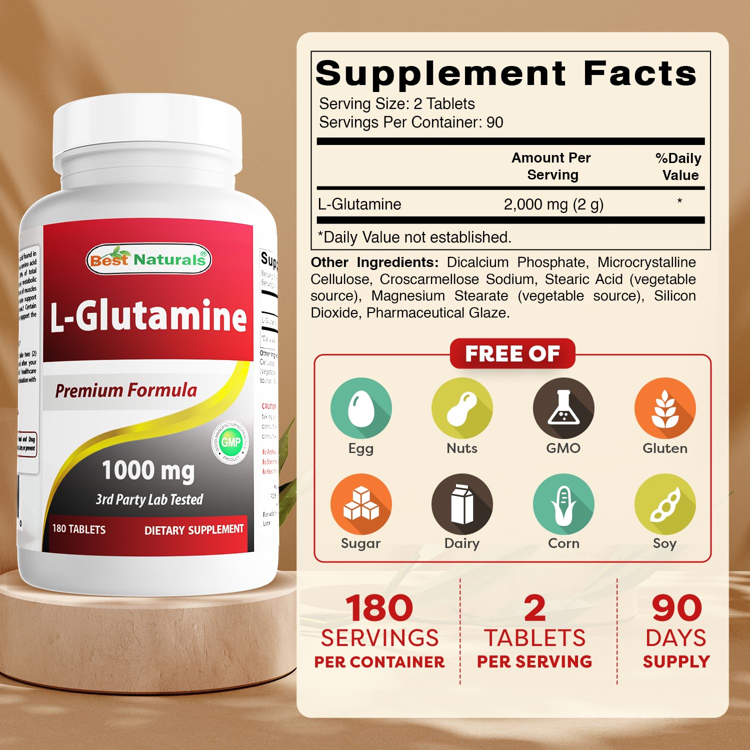 Best Naturals L-Glutamine 1000 mg – plaquettes blister, sans allergènes et purifiée