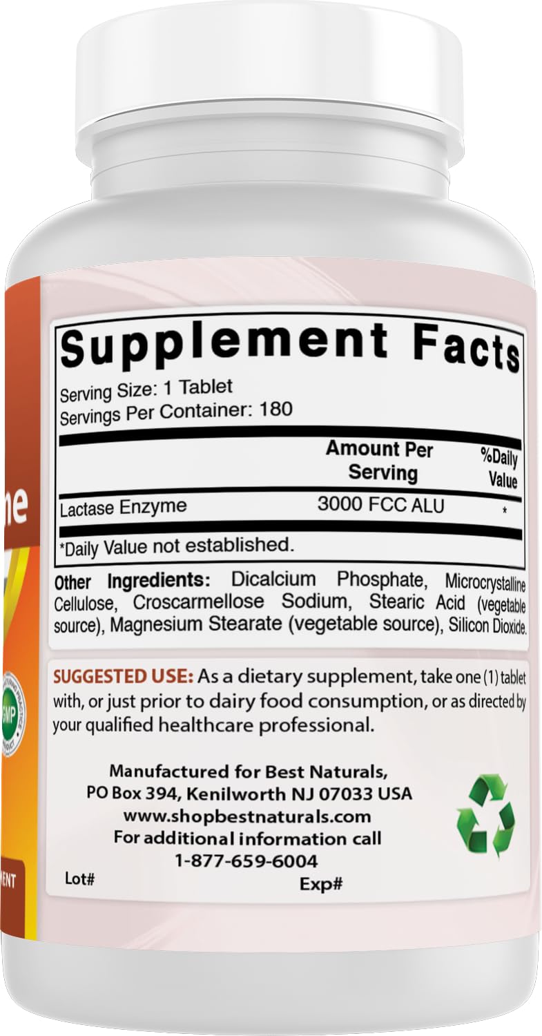 Best Naturals Lactase 3000, bouteille fabriquée aux États‑Unis selon des normes élevées.