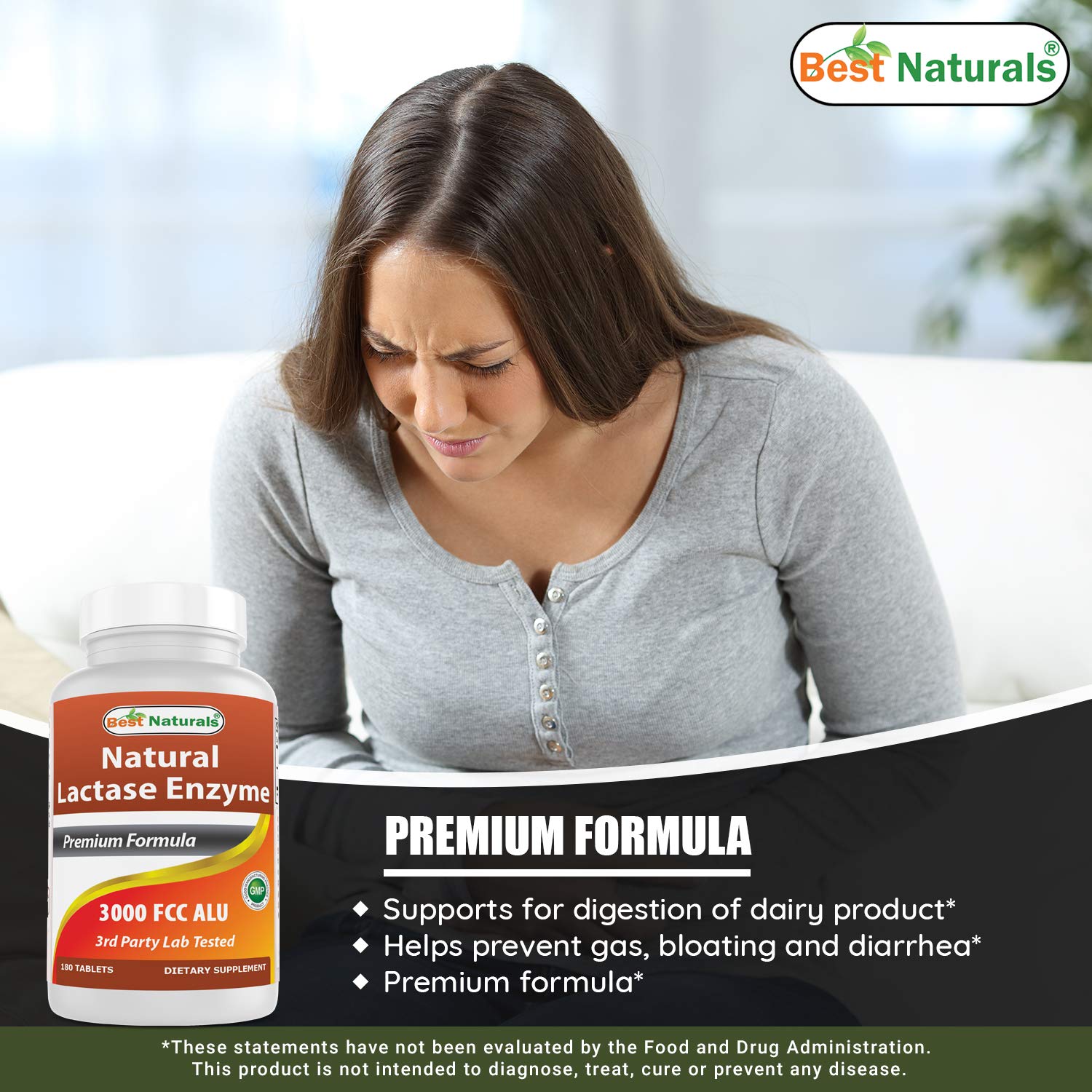 Best Naturals Lactase 3000, comprimés pour digestion, sans allergènes majeurs et pratique.
