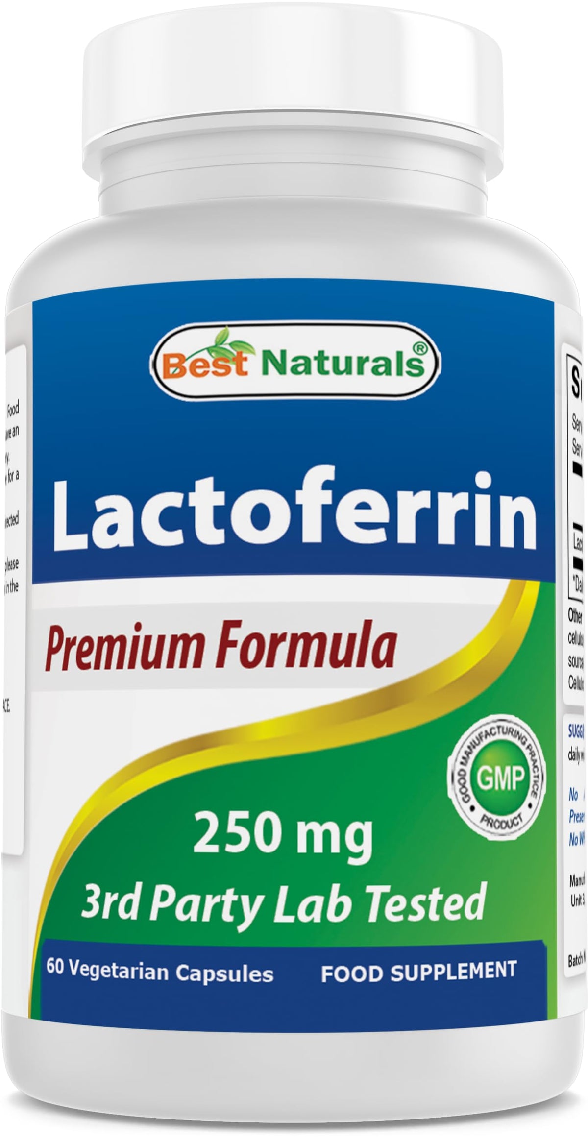 Best Naturals Lactoferrine 250 mg - bouteille avec gélules, soutien potentiel au système immunitaire.