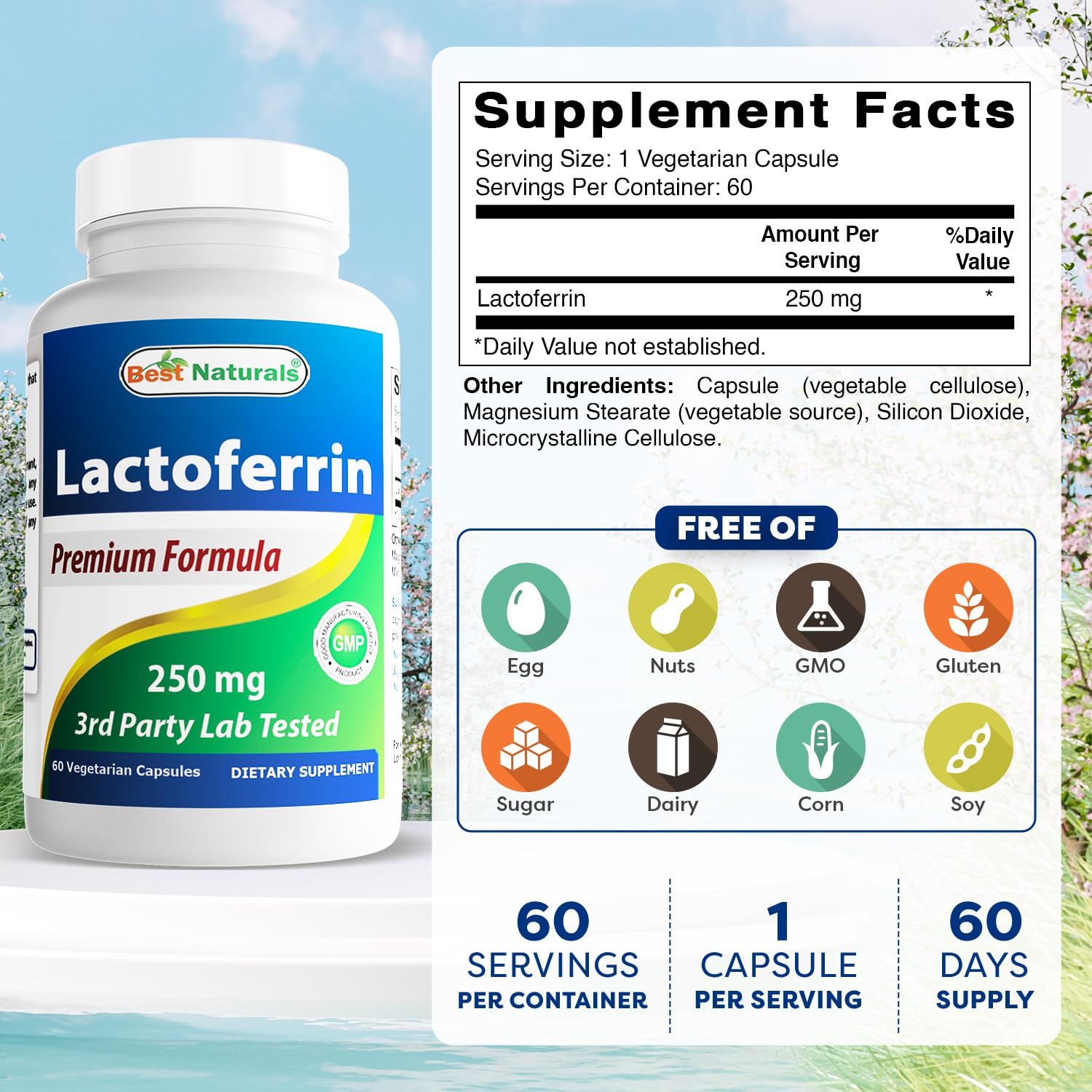 Best Naturals Lactoferrine - capsules vertes en gros plan, usage quotidien potentiel.