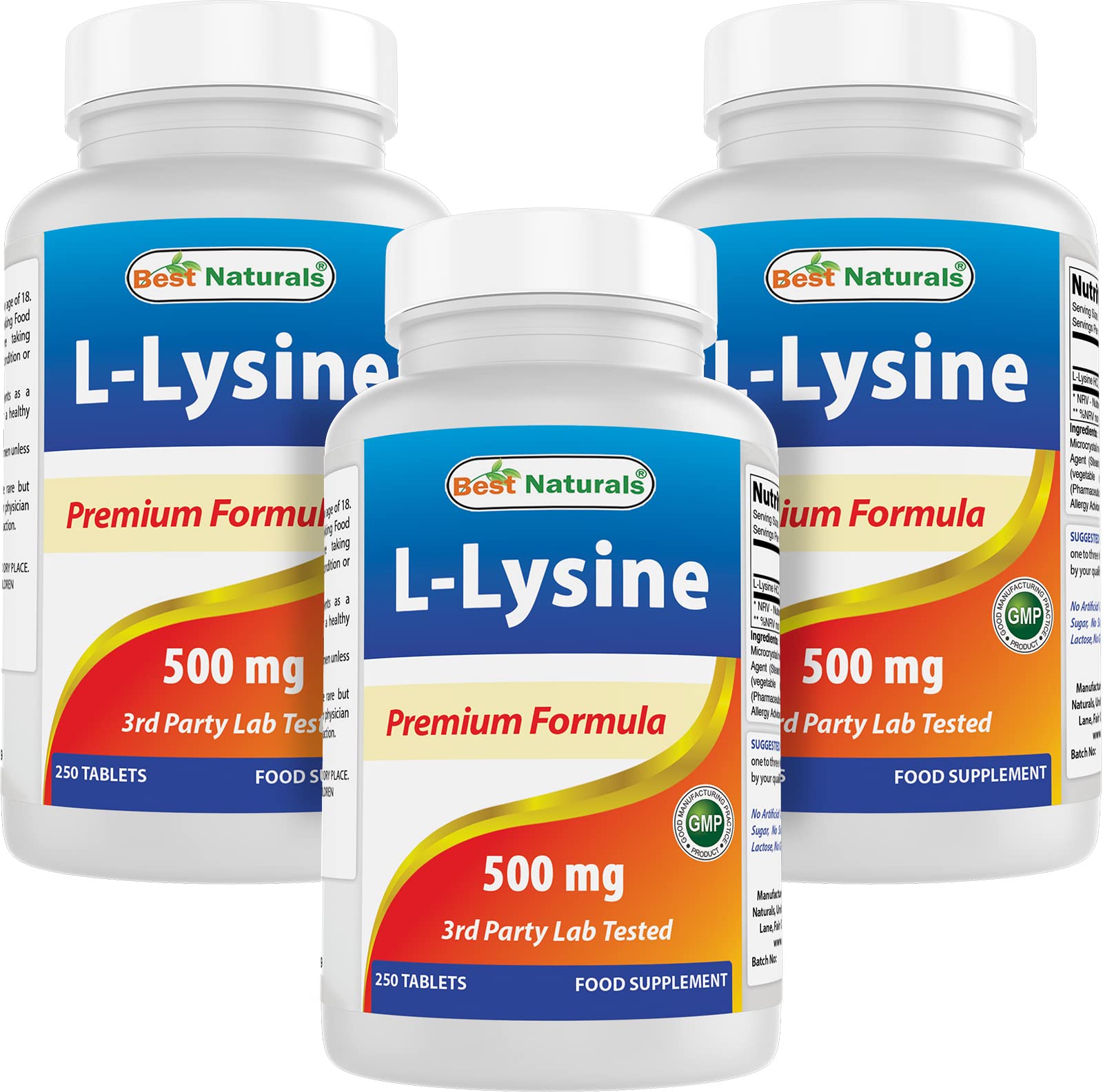 Best Naturals L-Lysine 500 mg, bouteille de tablettes, usage quotidien pratique.