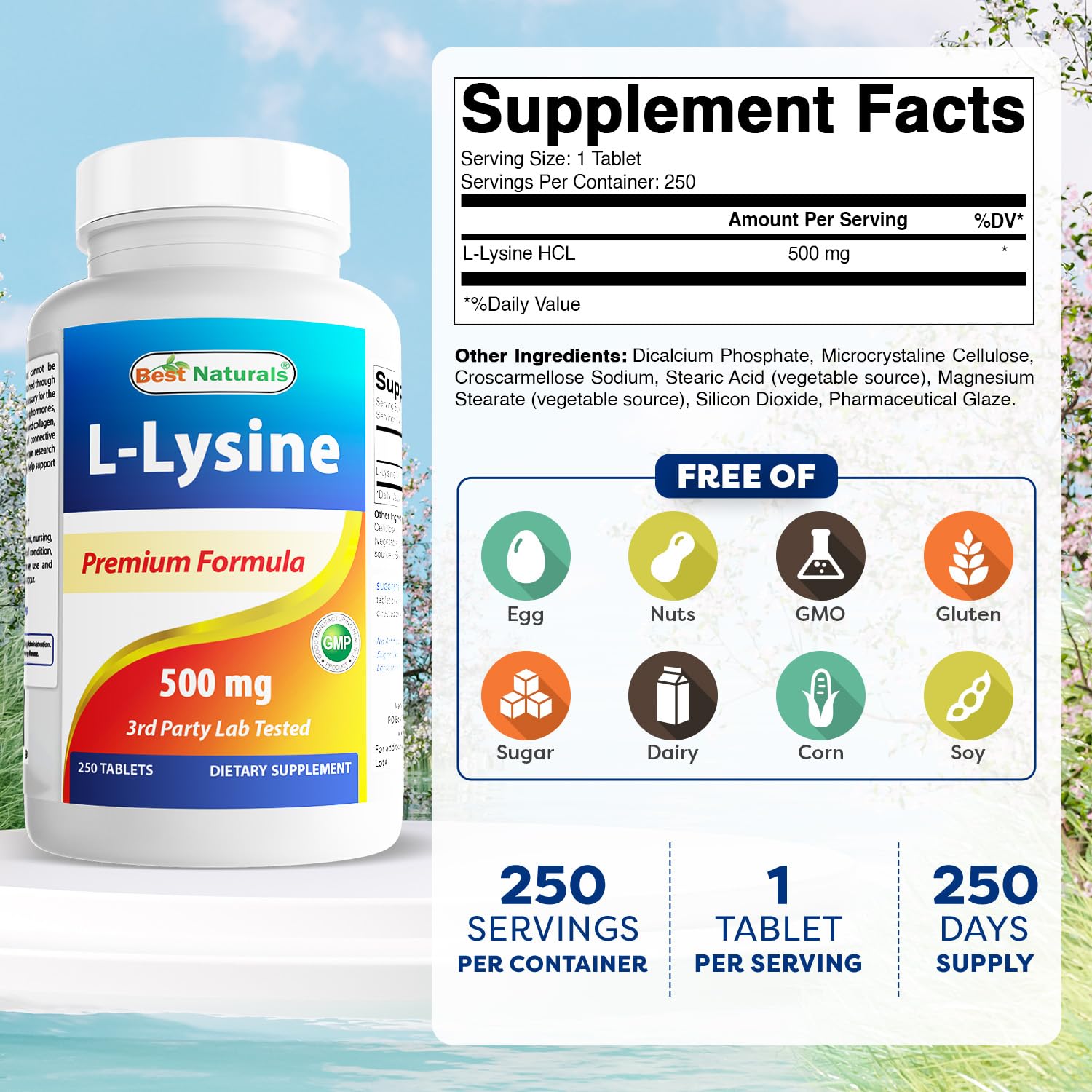 Best Naturals L-Lysine 500 mg, étiquette claire, aide à suivre la posologie.