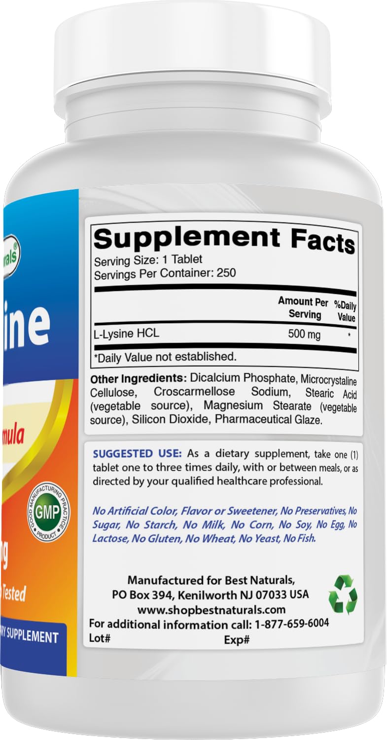 Best Naturals L-Lysine 500 mg, sans gluten, compatible avec divers régimes.