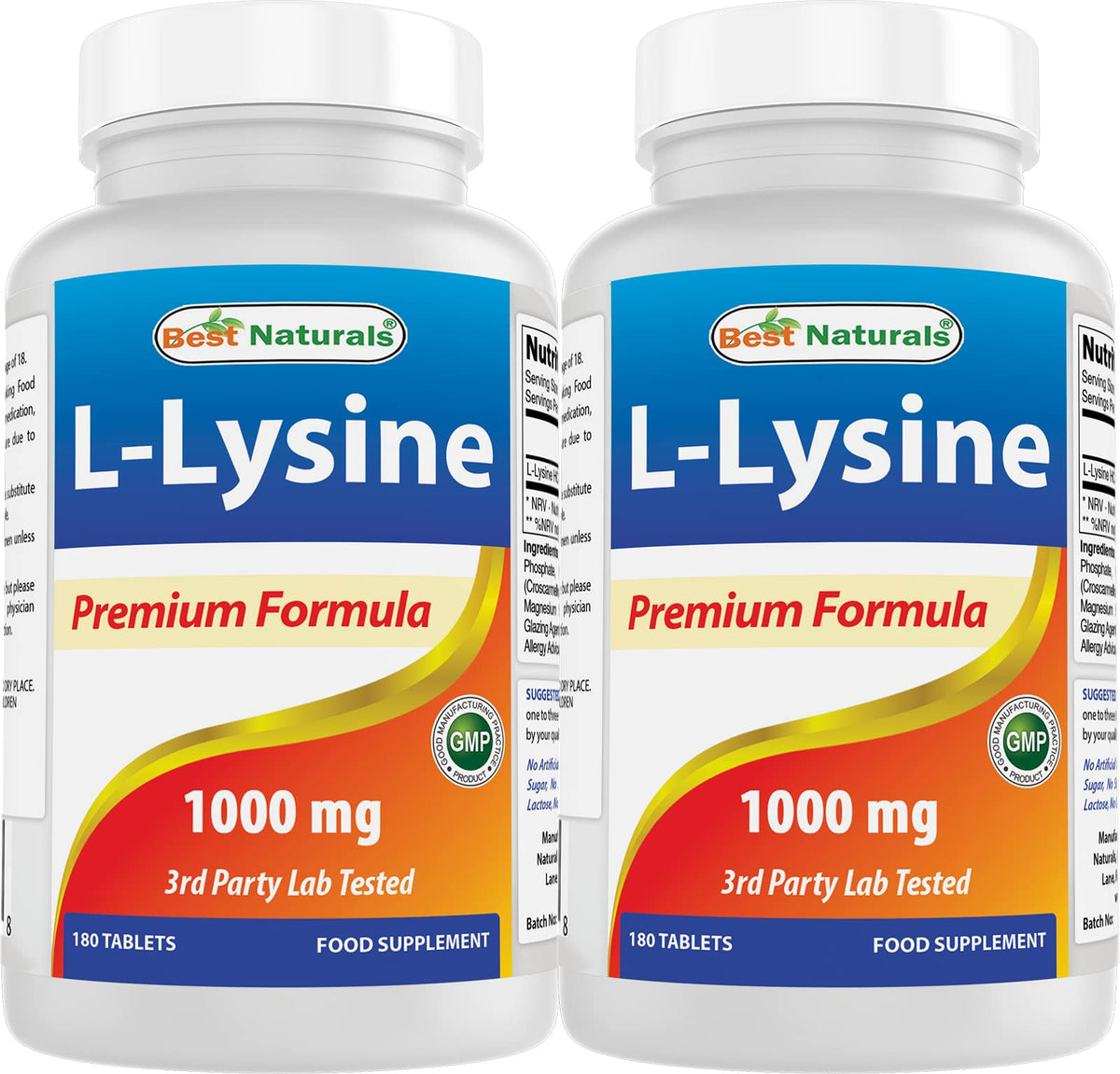 Best Naturals L-Lysine, bouteille 180 tablettes, dosage quotidien pratique.
