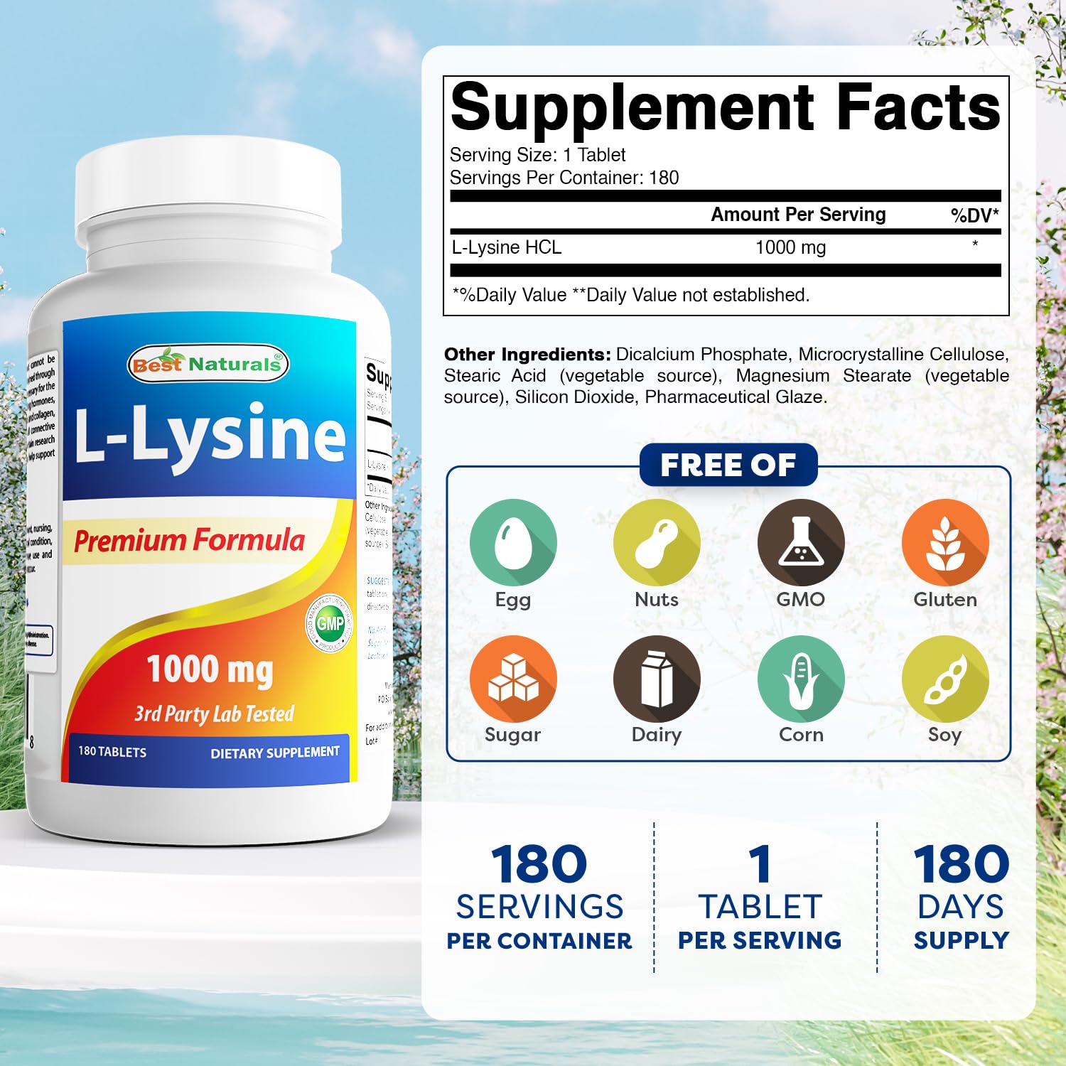 Best Naturals L-Lysine, étiquette nutritionnelle claire, informations faciles à lire.