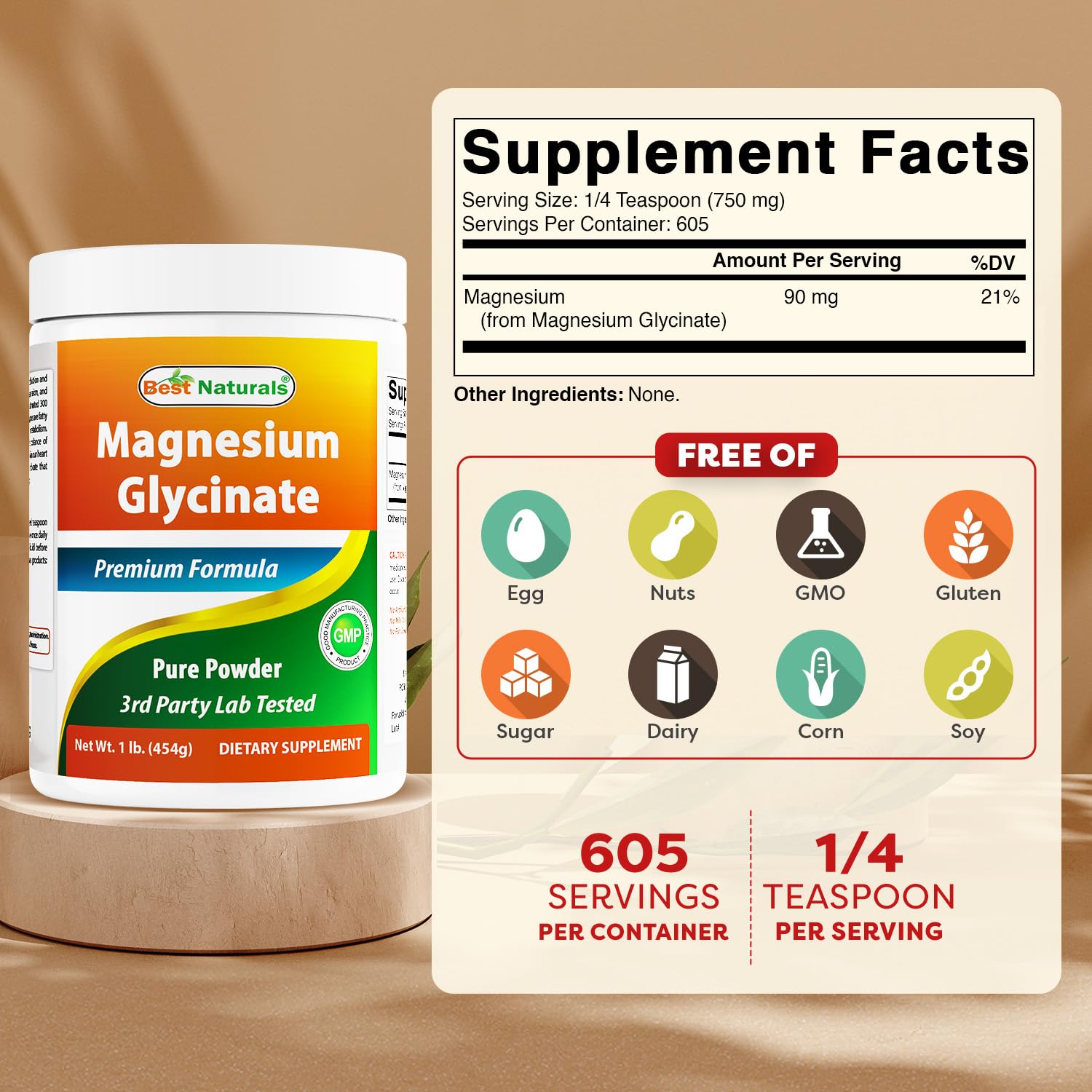 Best Naturals Magnésium Glycinate en poudre, doseur pour un dosage précis.