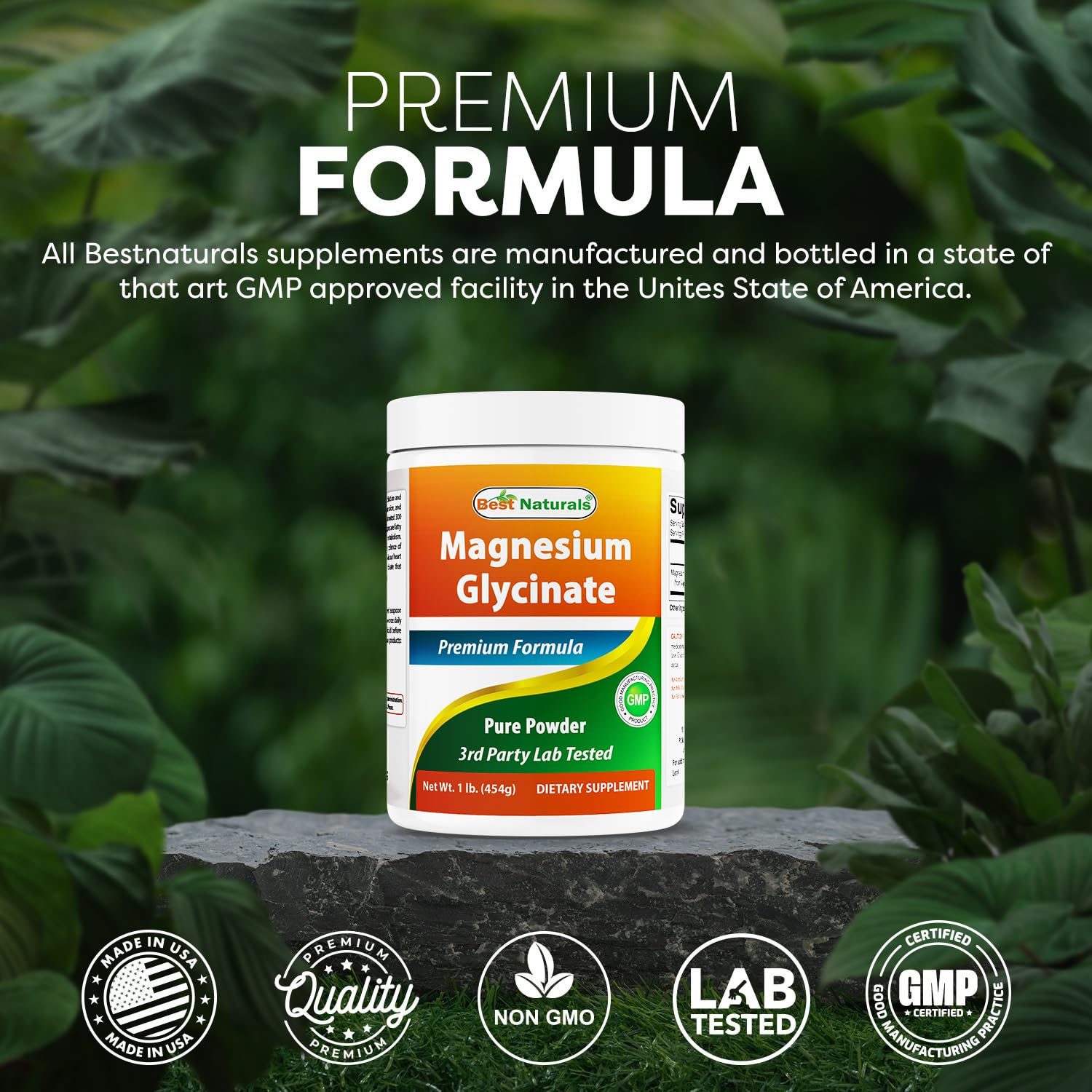 Best Naturals Magnésium Glycinate, liste d'ingrédients sans additifs artificiels.