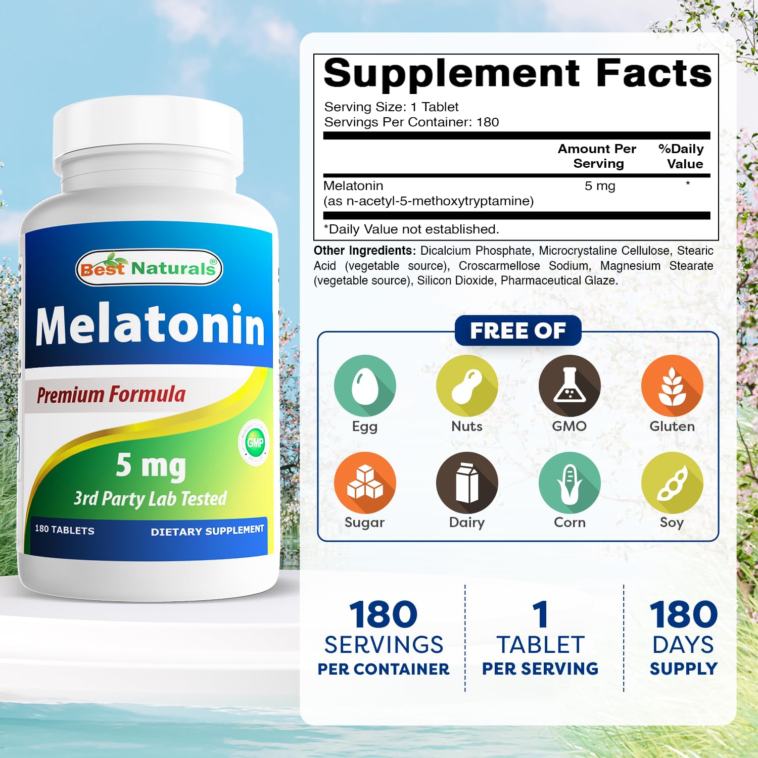 Best Naturals Mélatonine 5 mg, boîte 180 - comprimés pratiques pour le coucher.