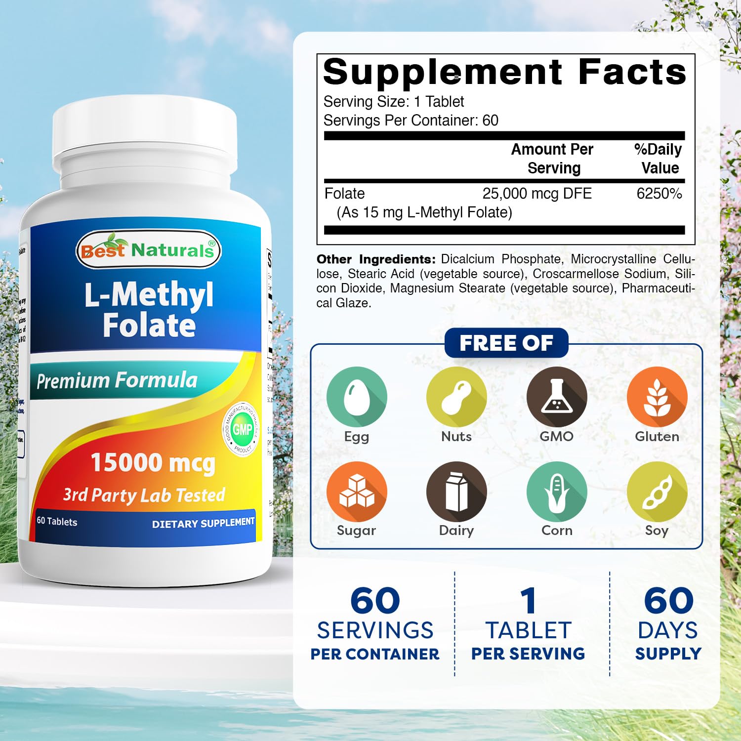 Tablettes Best Naturals méthylfolate dans un emballage pratique et sûr.