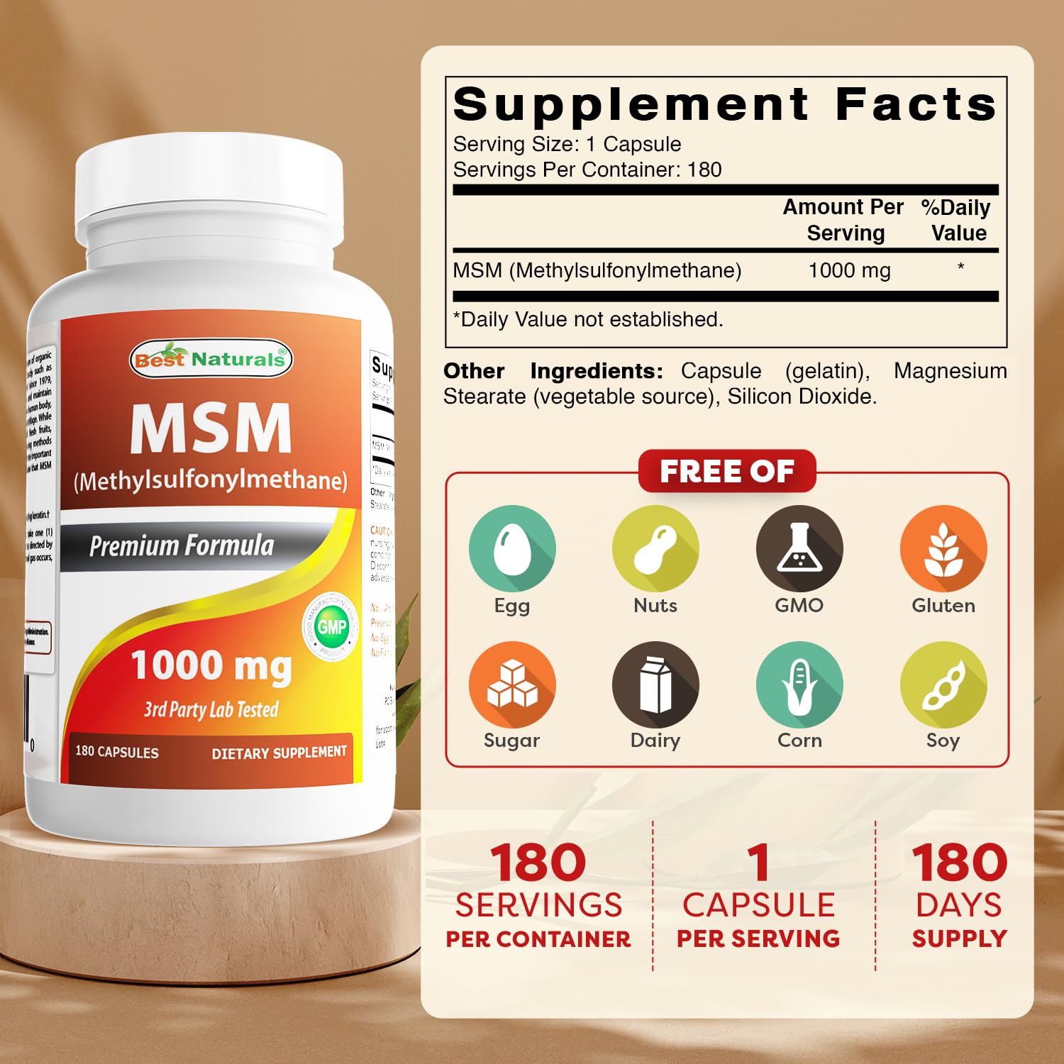Capsules Best Naturals MSM 180, format pratique