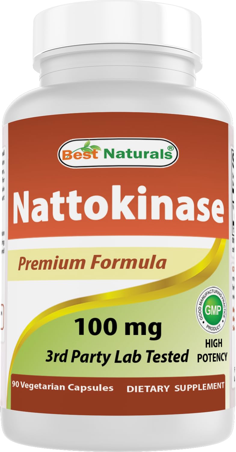 Best Naturals Nattokinase — bouteille et capsules, soutien potentiel de la circulation.