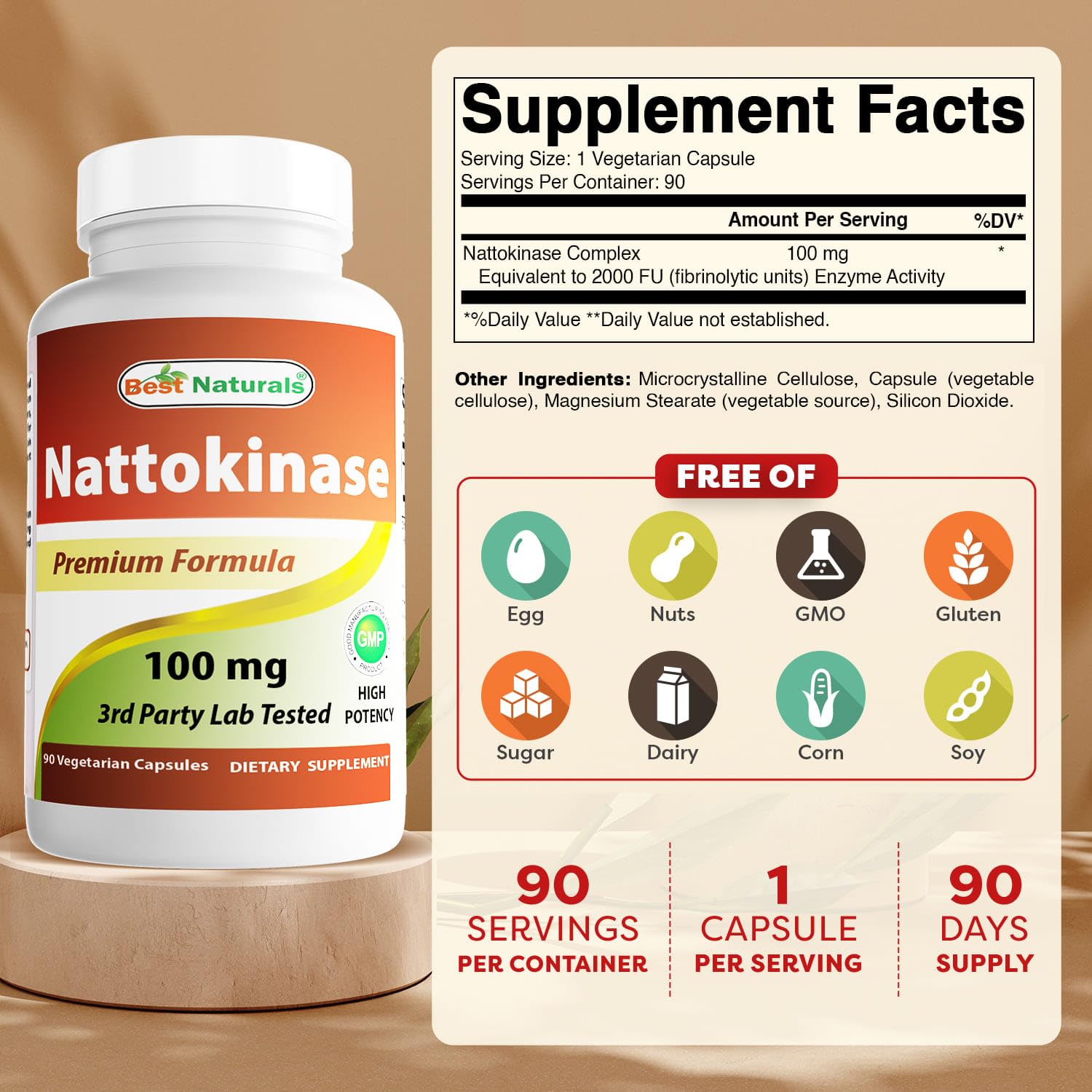Best Naturals Nattokinase — capsules végétariennes, dosage clair de 100 mg.