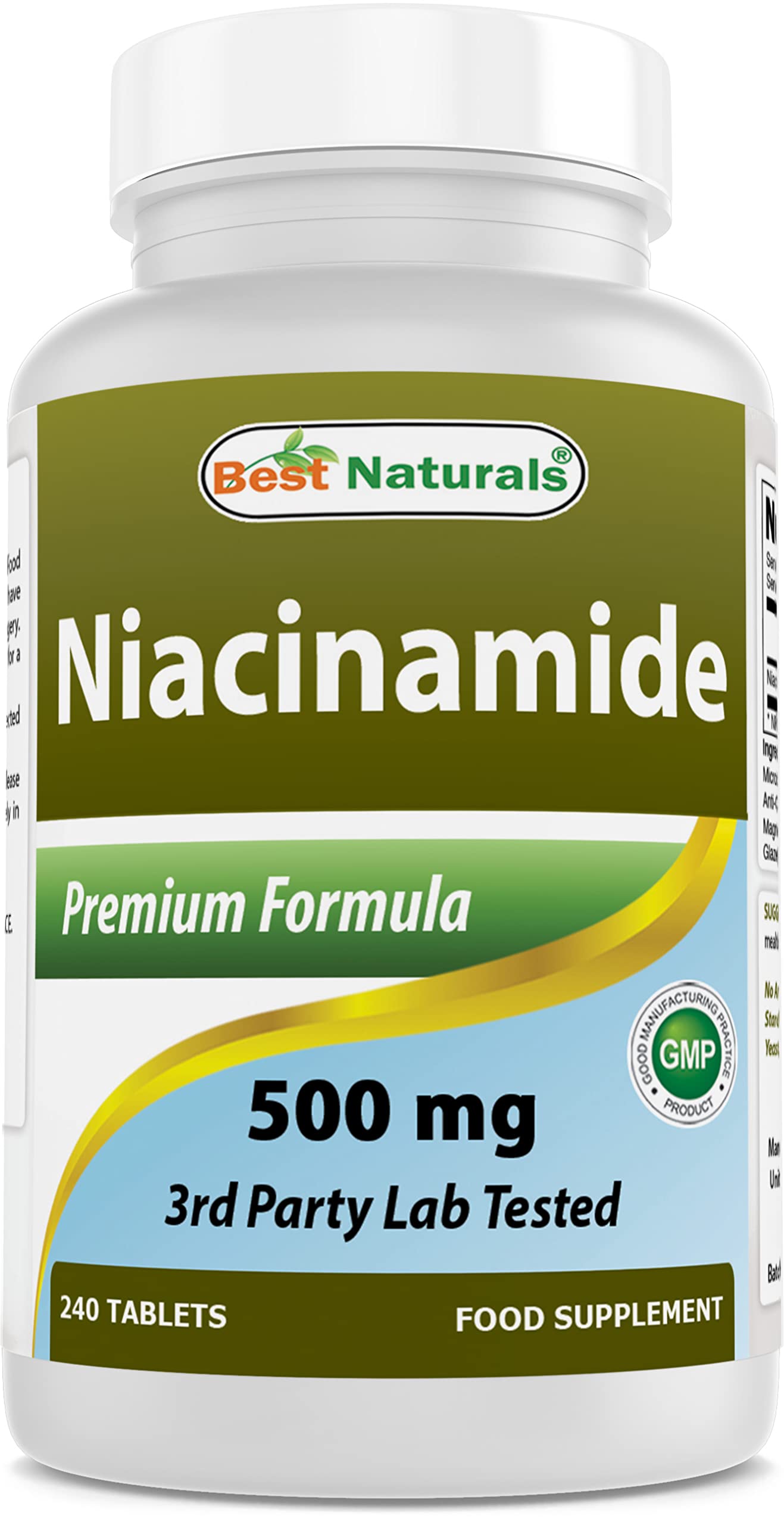 Best Naturals Niacinamide 500 mg – boîte de 240 comprimés sans colorants artificiels.