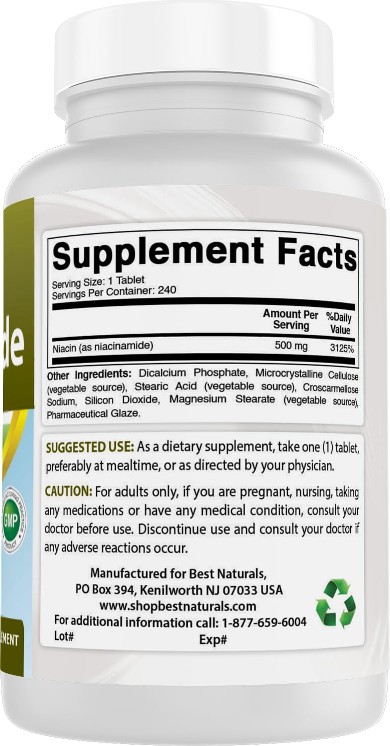 Best Naturals Niacinamide 500 mg – fabriqué aux États‑Unis dans une installation qualifiée.