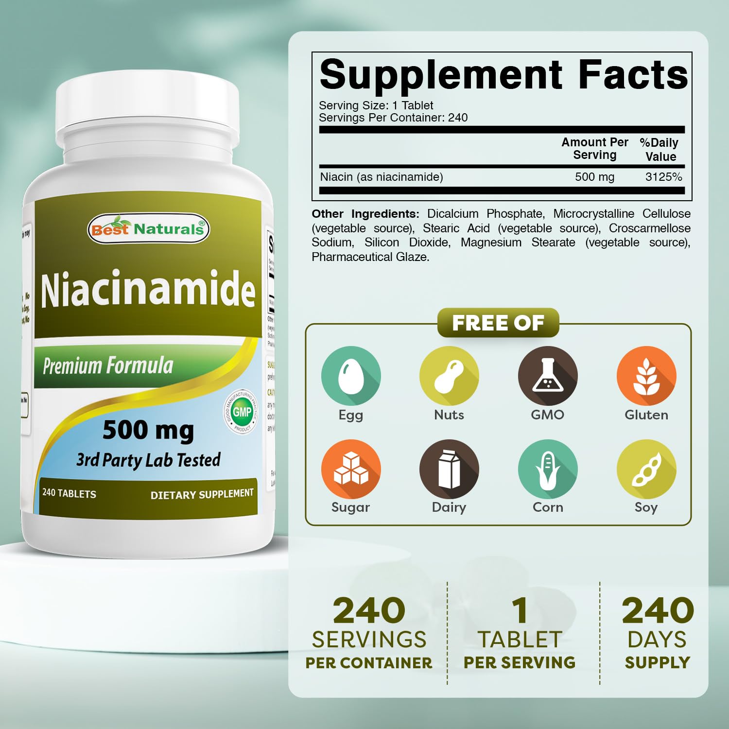 Best Naturals Niacinamide 500 mg – prise simple et discrète pour le quotidien.