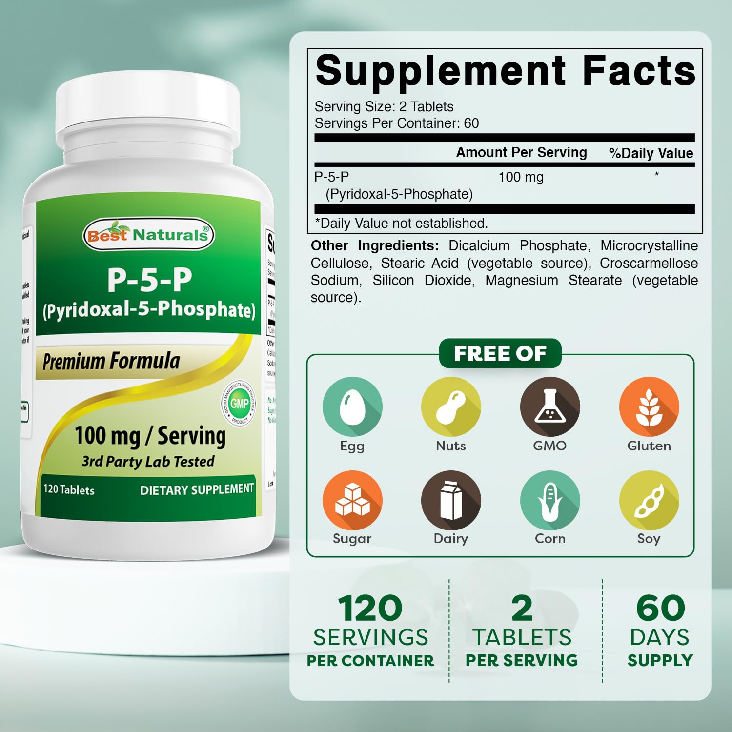 Étiquette Best Naturals P5P avec informations claires sur la forme active
