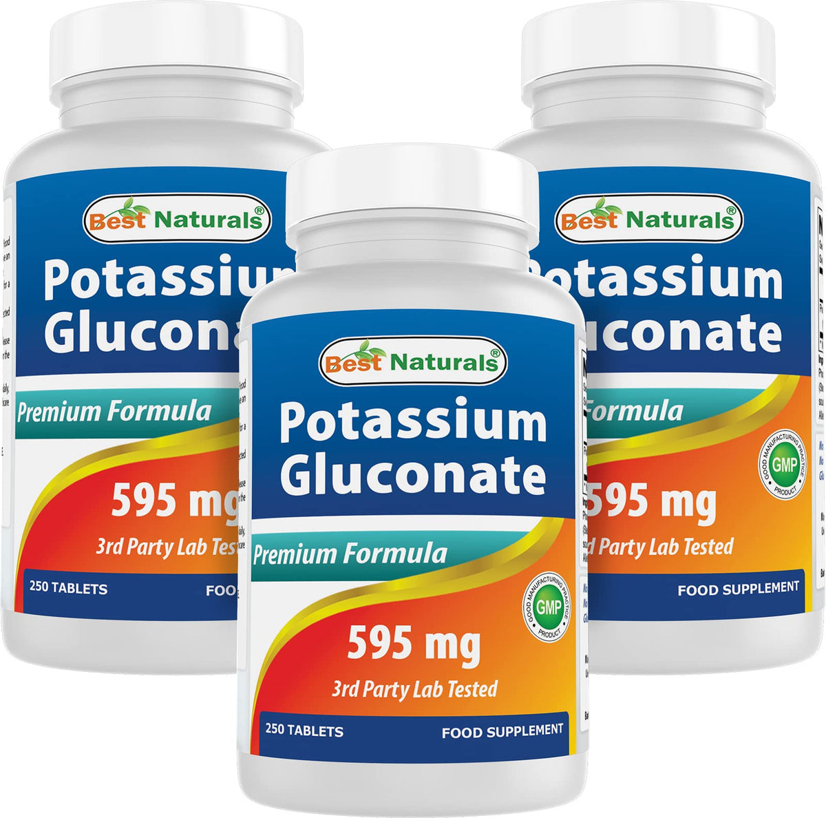 Best Naturals Potassium Gluconate 595 mg, comprimés en bouteille, usage quotidien.