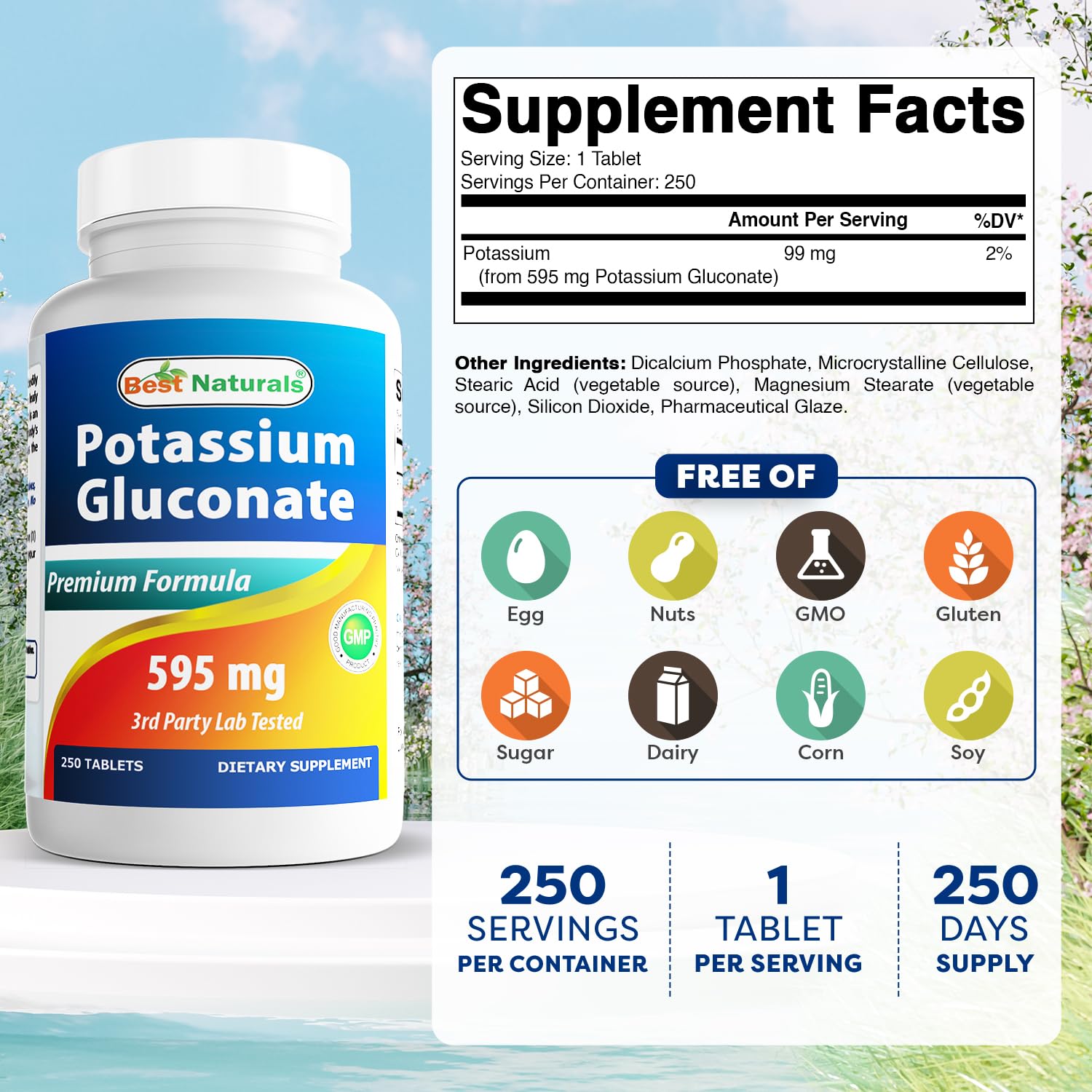 Étiquette Best Naturals Potassium Gluconate 595 mg, informations produit fiables.