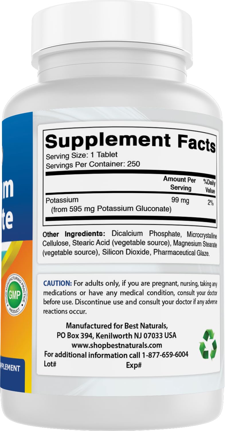Best Naturals Potassium Gluconate 595 mg – sans additifs et sans allergènes.